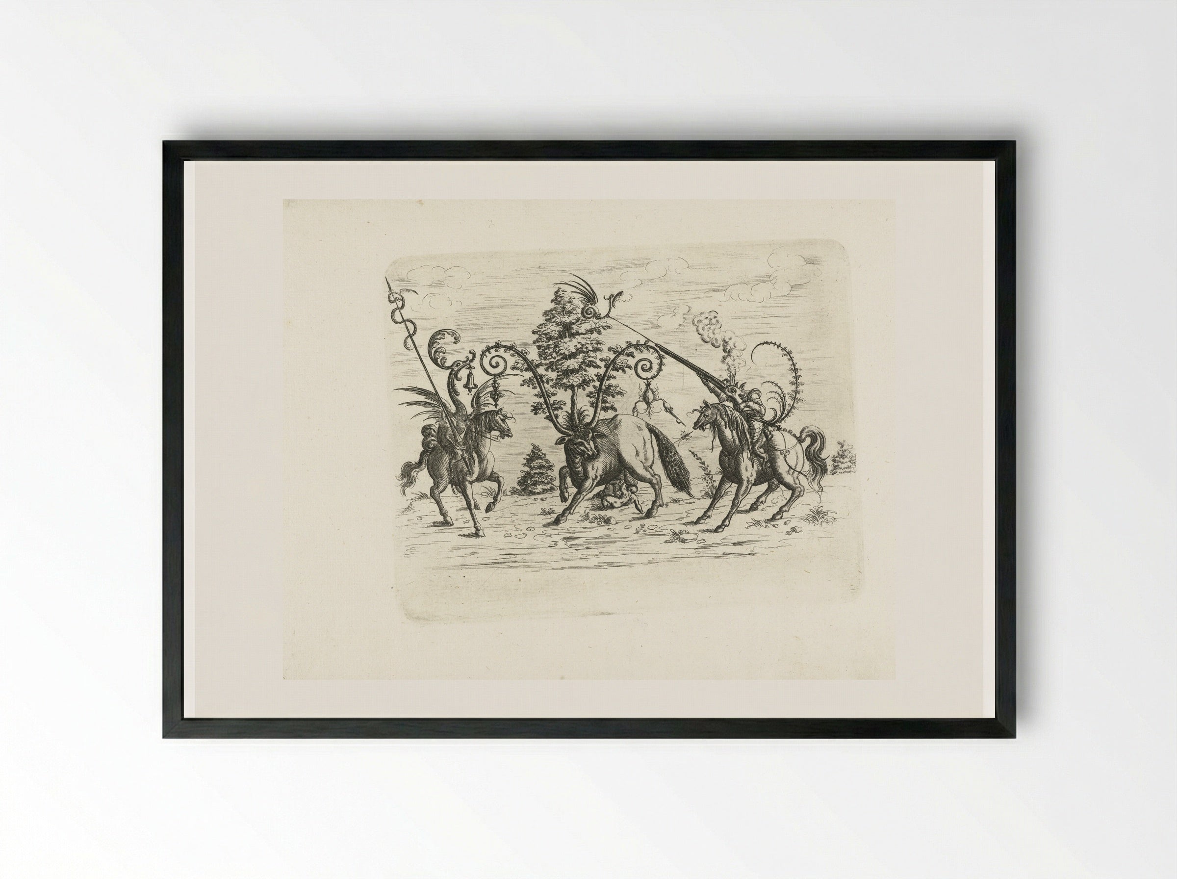 Landschap met een koe tussen twee fantastische wezens te paard - Christoph Jamnitzer - Framed Print Black