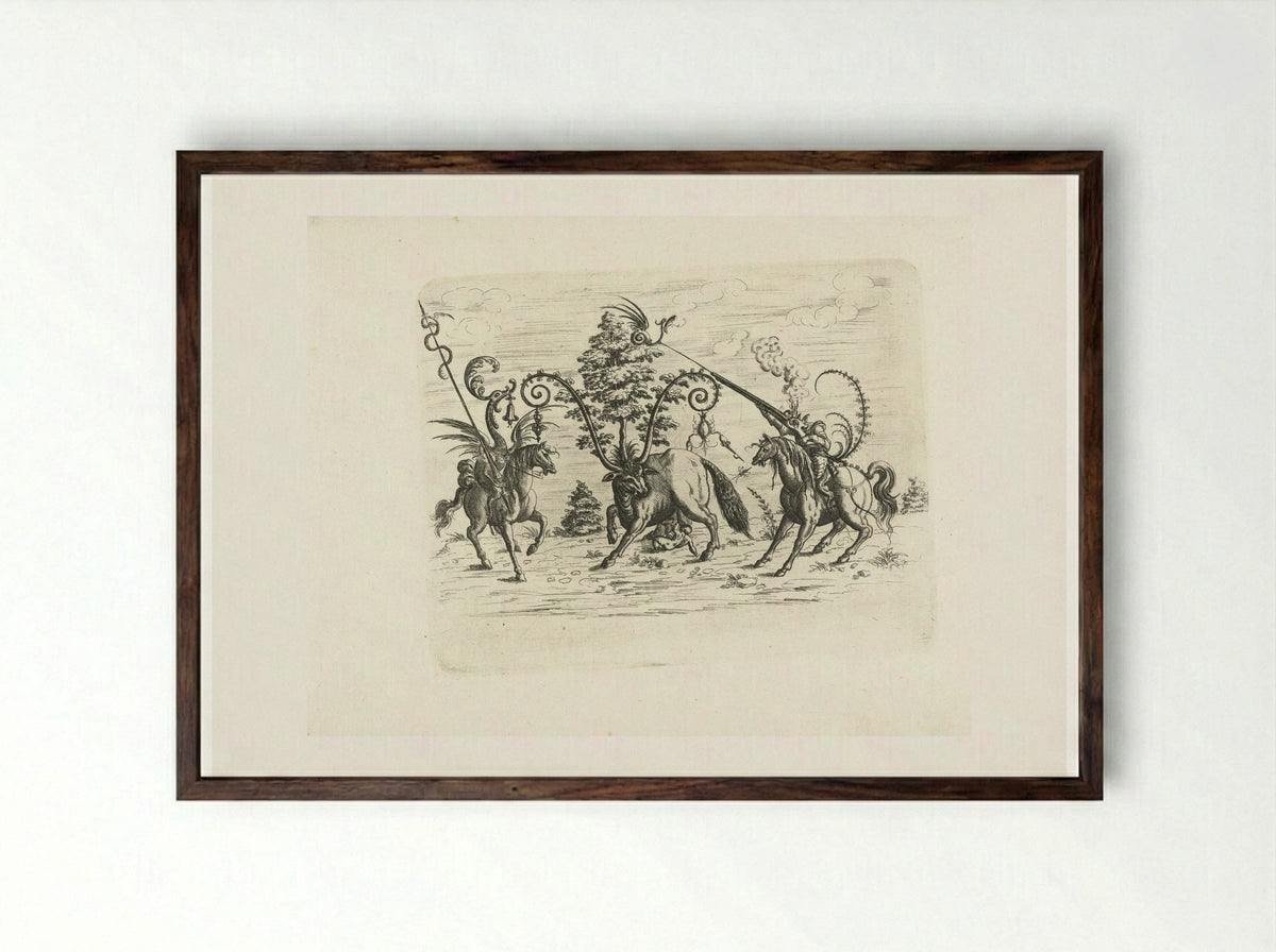 Landschap met een koe tussen twee fantastische wezens te paard - Christoph Jamnitzer - Framed Print Dark Wood