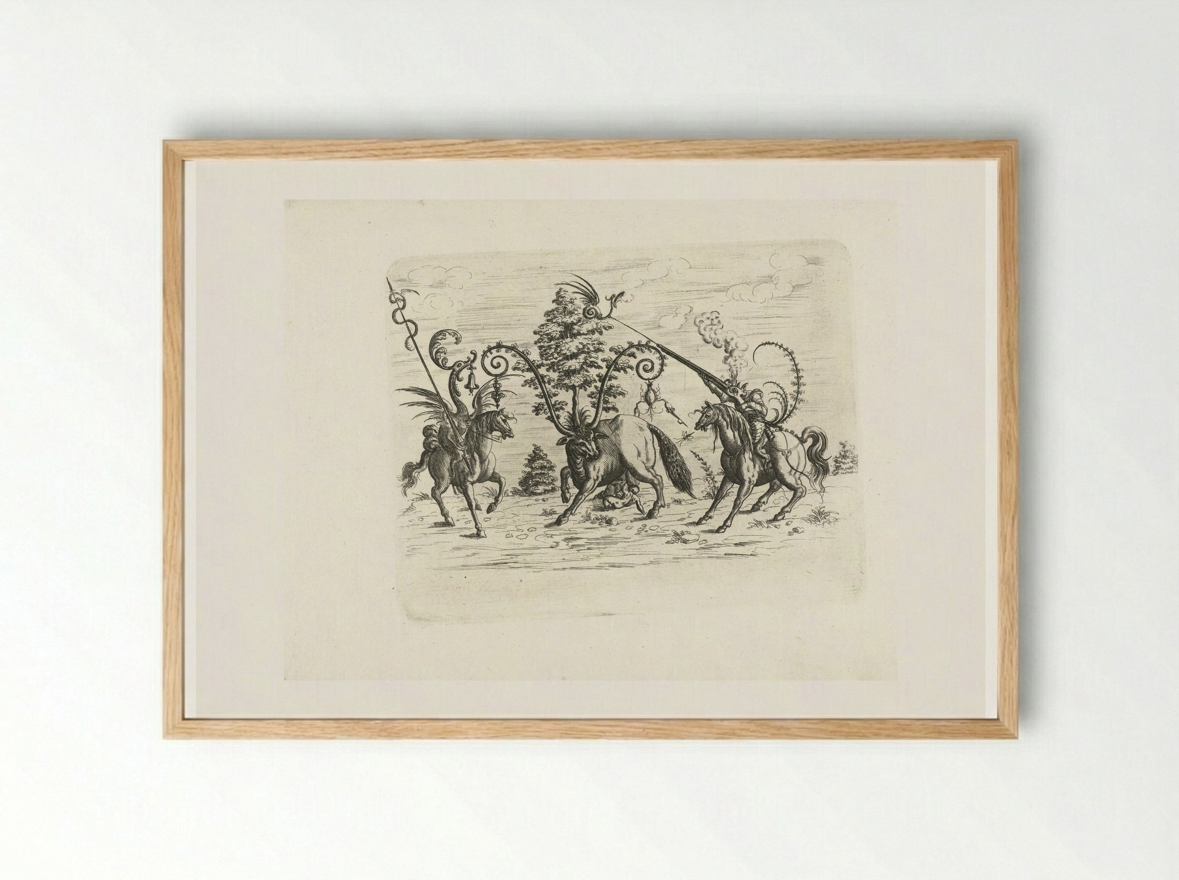 Landschap met een koe tussen twee fantastische wezens te paard - Christoph Jamnitzer - Framed Print Wood