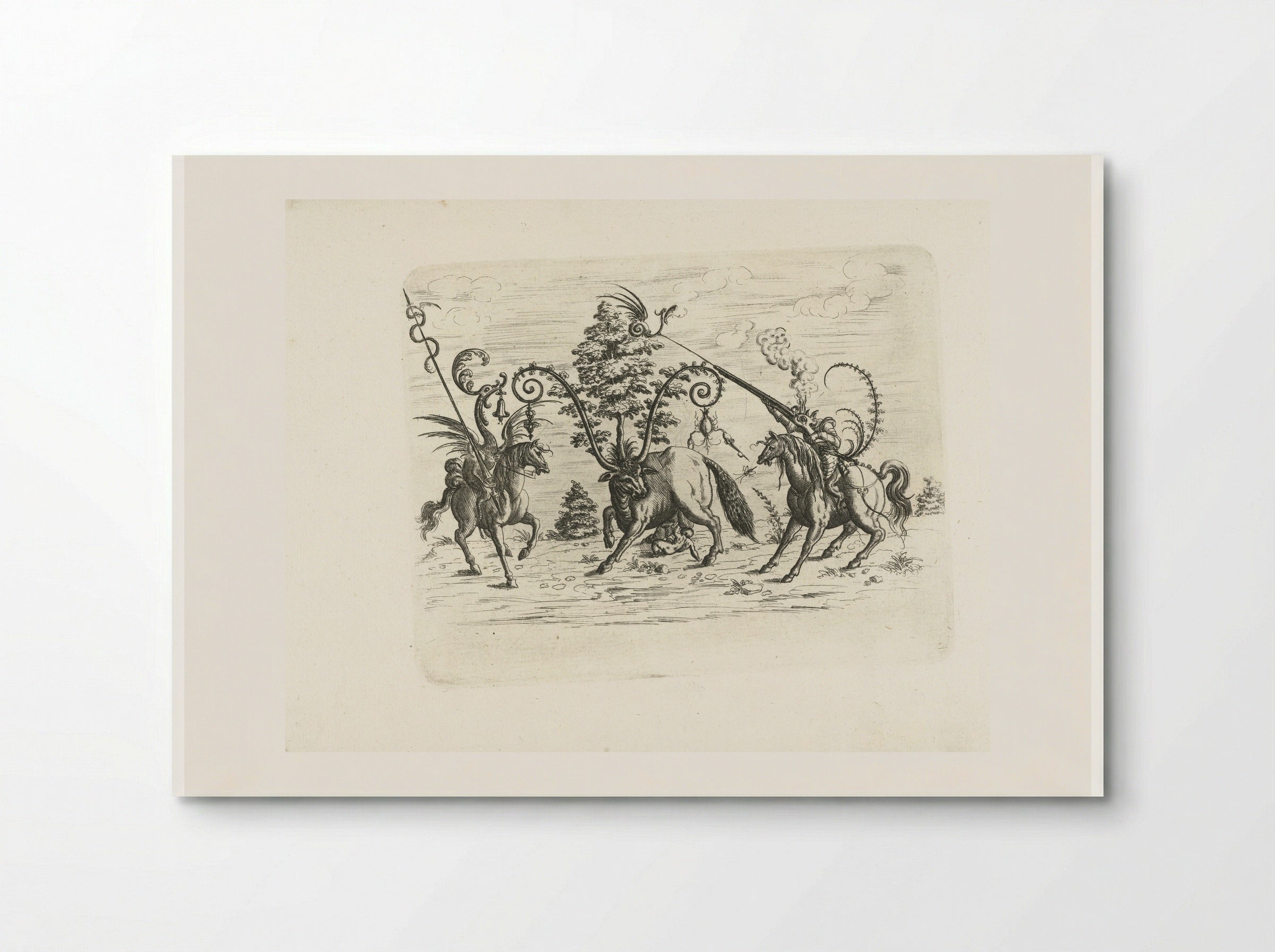 Landschap met een koe tussen twee fantastische wezens te paard - Christoph Jamnitzer - Poster