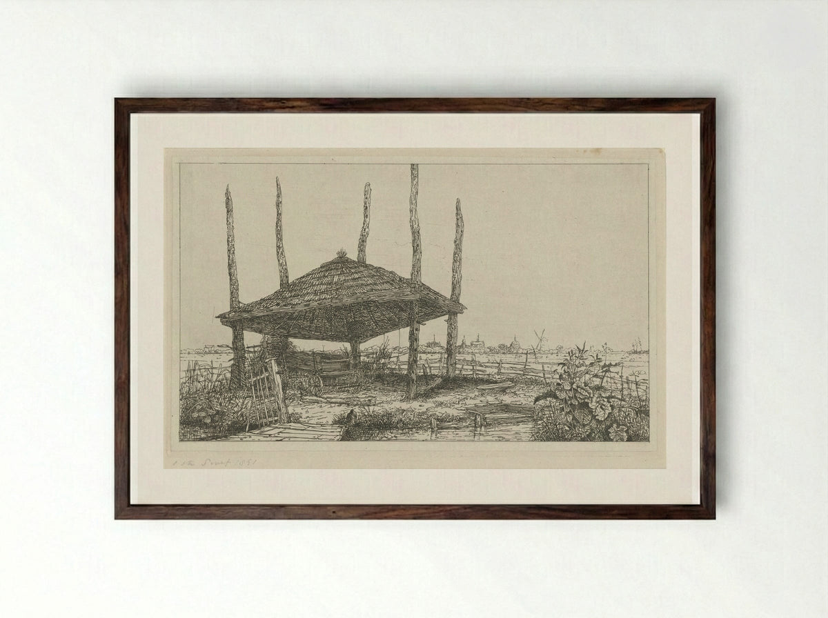 Landschap met een lege hooiberg - Jacobus Ludovicus Cornet - Framed Print Dark Wood