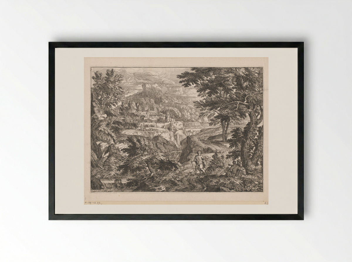 Landschap met een man en vrouw onder een boom gezeten en een staande man op een pad - Georges Focus - Framed Print Black