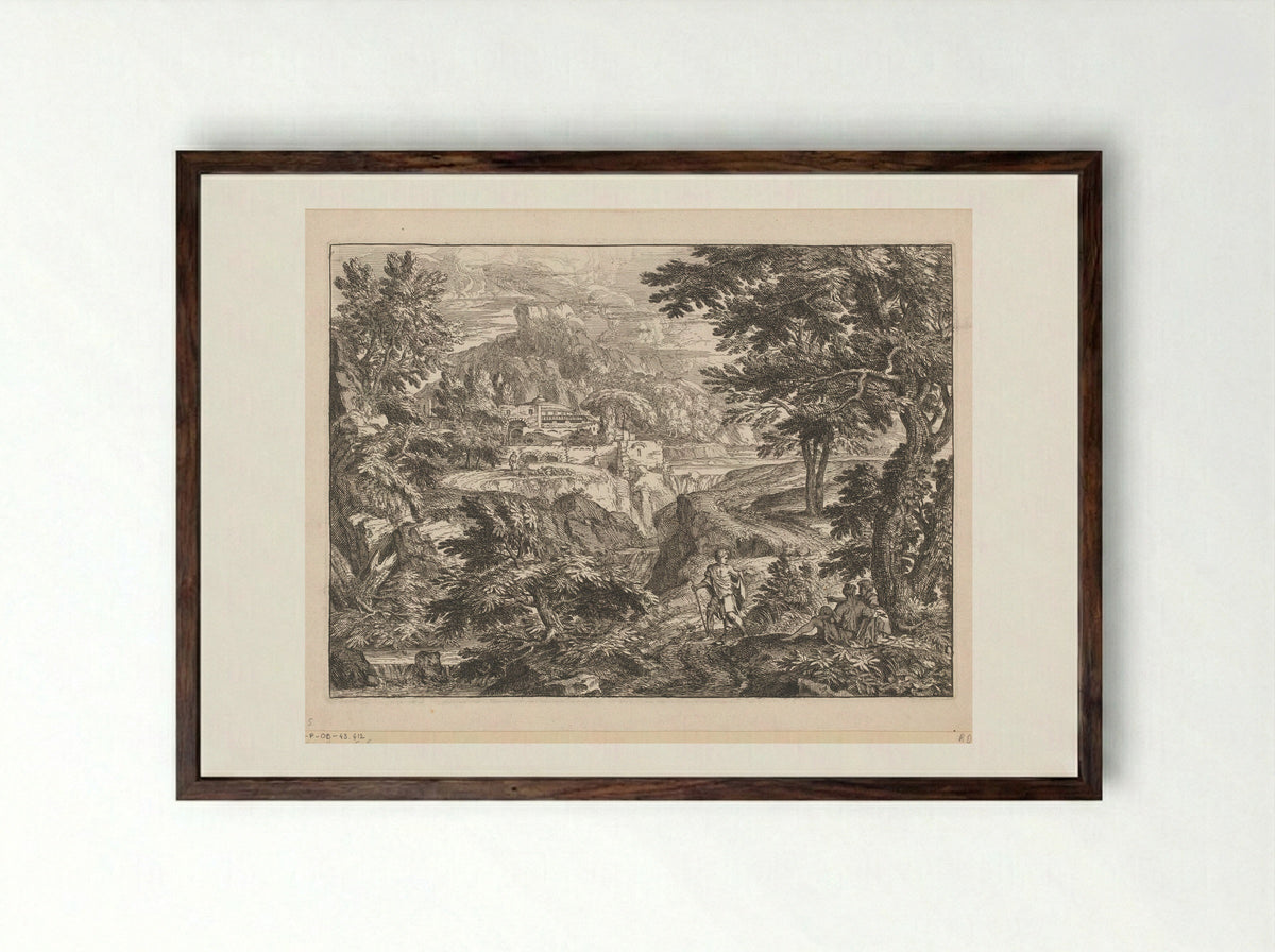 Landschap met een man en vrouw onder een boom gezeten en een staande man op een pad - Georges Focus - Framed Print Dark Wood