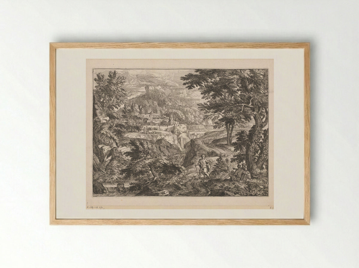 Landschap met een man en vrouw onder een boom gezeten en een staande man op een pad - Georges Focus - Framed Print Wood