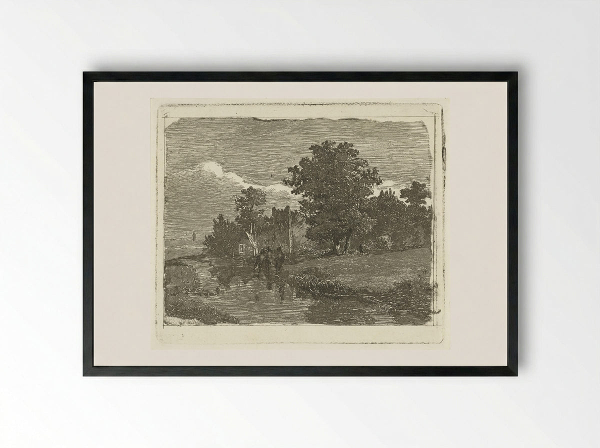 Landschap met een rivier en drie vissende mannen aan de waterkant - Johannes Adrianus van der Drift - Framed Print Black