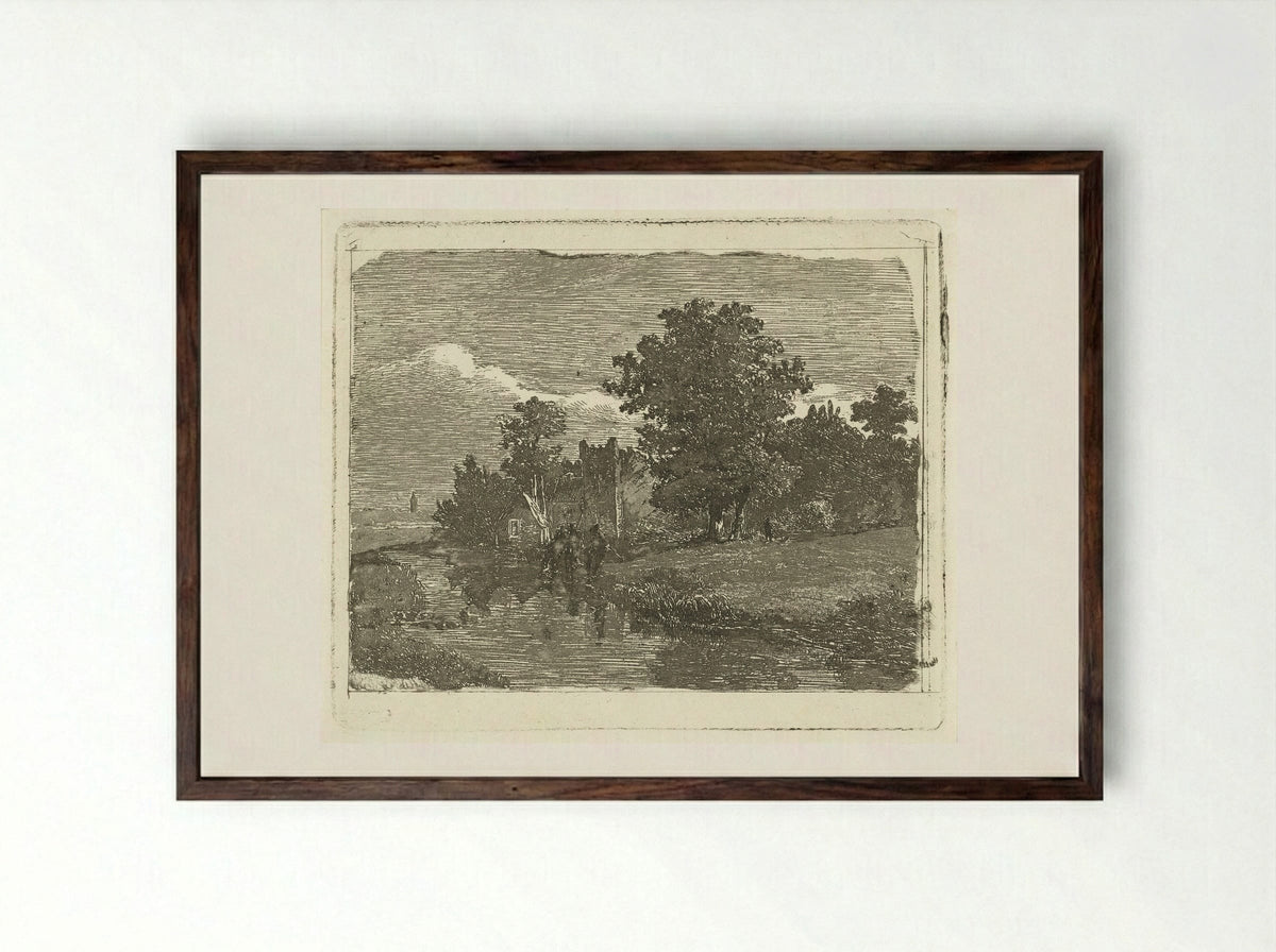 Landschap met een rivier en drie vissende mannen aan de waterkant - Johannes Adrianus van der Drift - Framed Print Dark Wood
