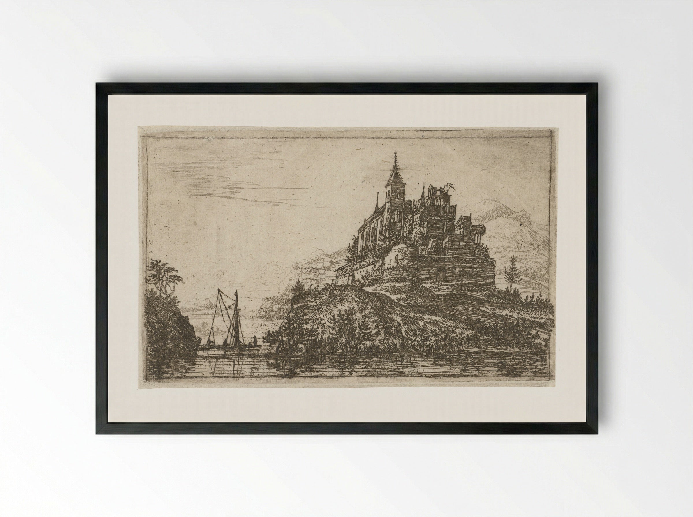 Landschap met een rivier en een kasteel op een heuvel - Jan Ruyscher - Framed Print Black