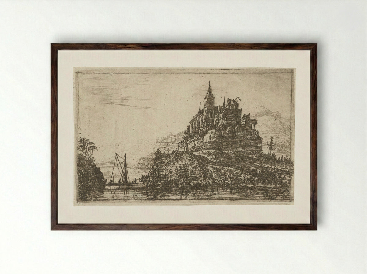 Landschap met een rivier en een kasteel op een heuvel - Jan Ruyscher - Framed Print Dark Wood