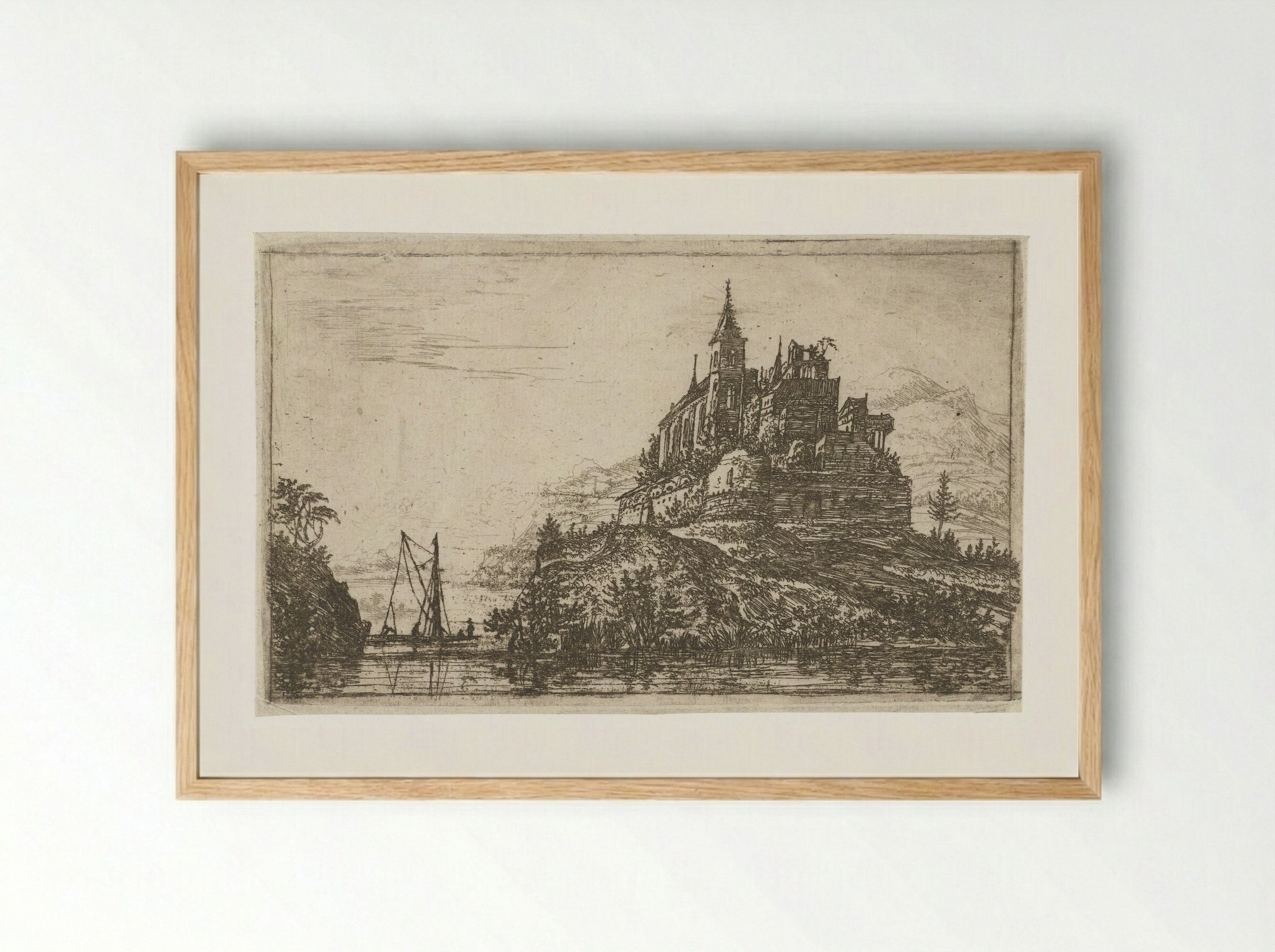 Landschap met een rivier en een kasteel op een heuvel - Jan Ruyscher - Framed Print Wood