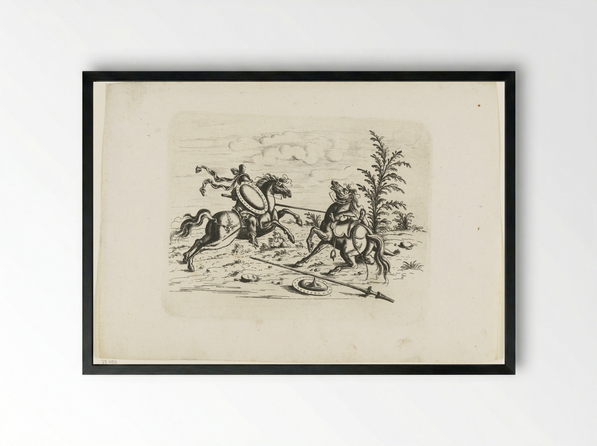 Landschap met een ruitergevecht tussen twee putti - Christoph Jamnitzer - Framed Print Black
