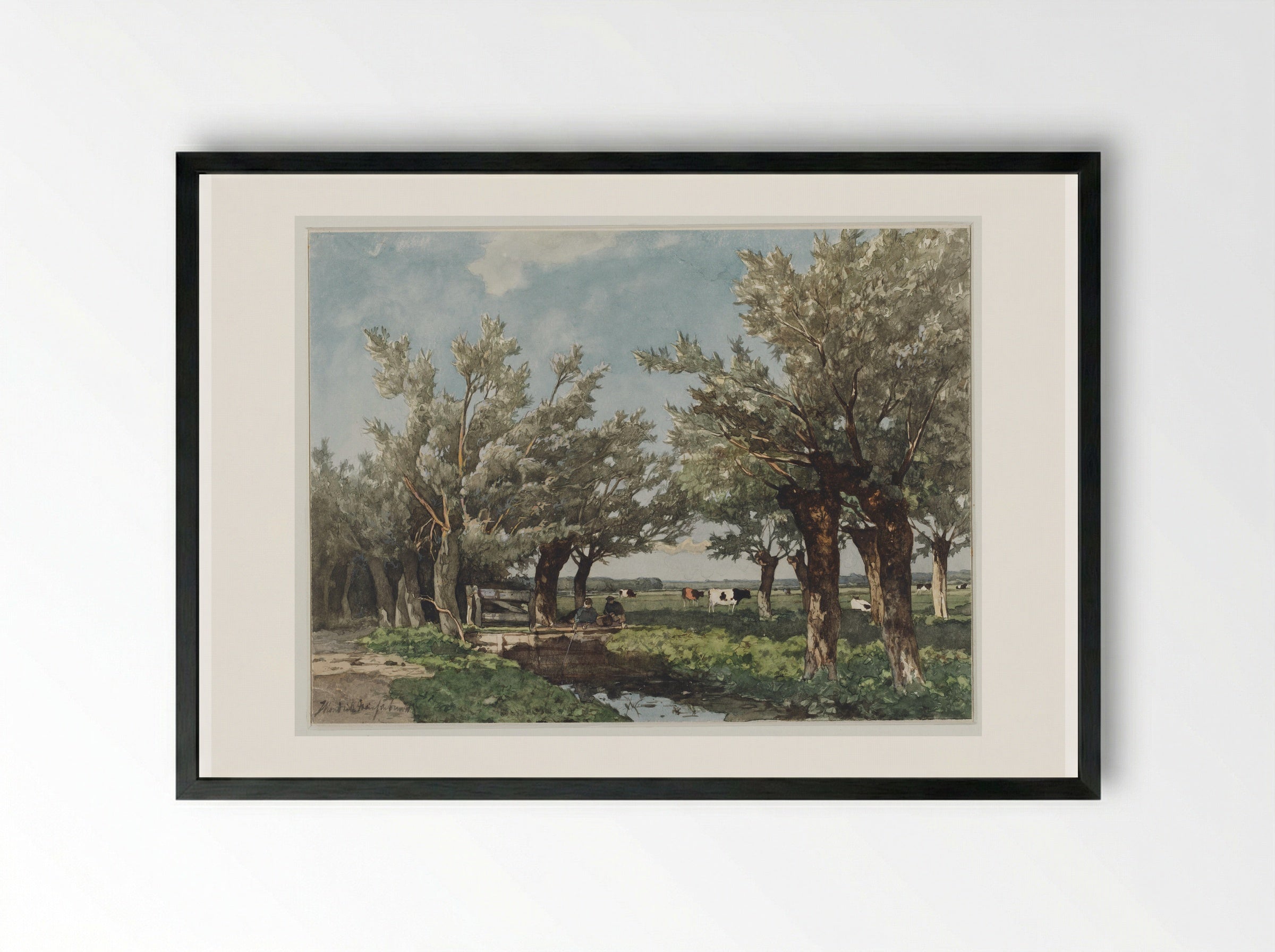 Landschap met een sloot waar twee jongens vissen - Johan Hendrik Weissenbruch - Framed Print Black