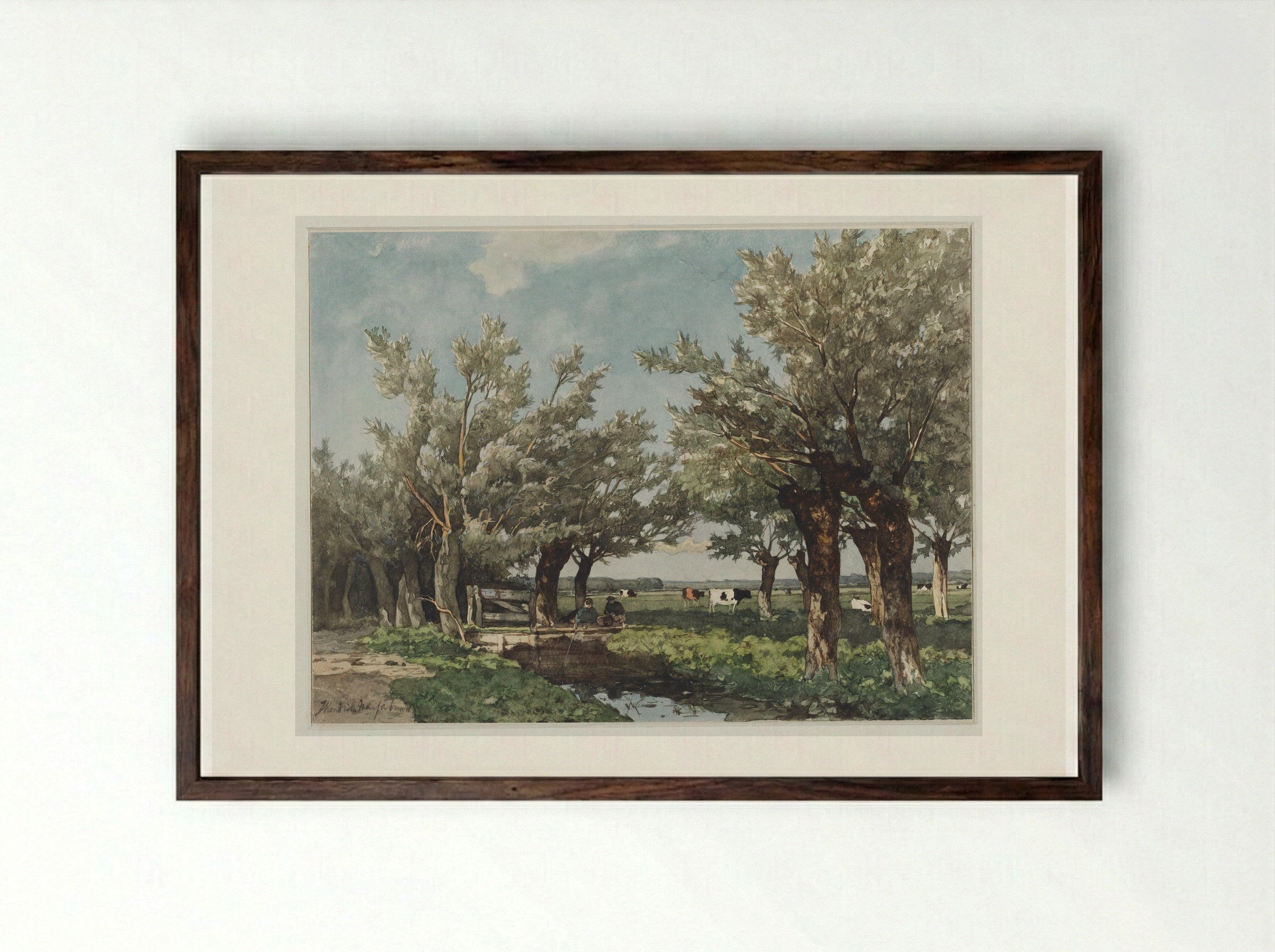 Landschap met een sloot waar twee jongens vissen - Johan Hendrik Weissenbruch - Framed Print Dark Wood