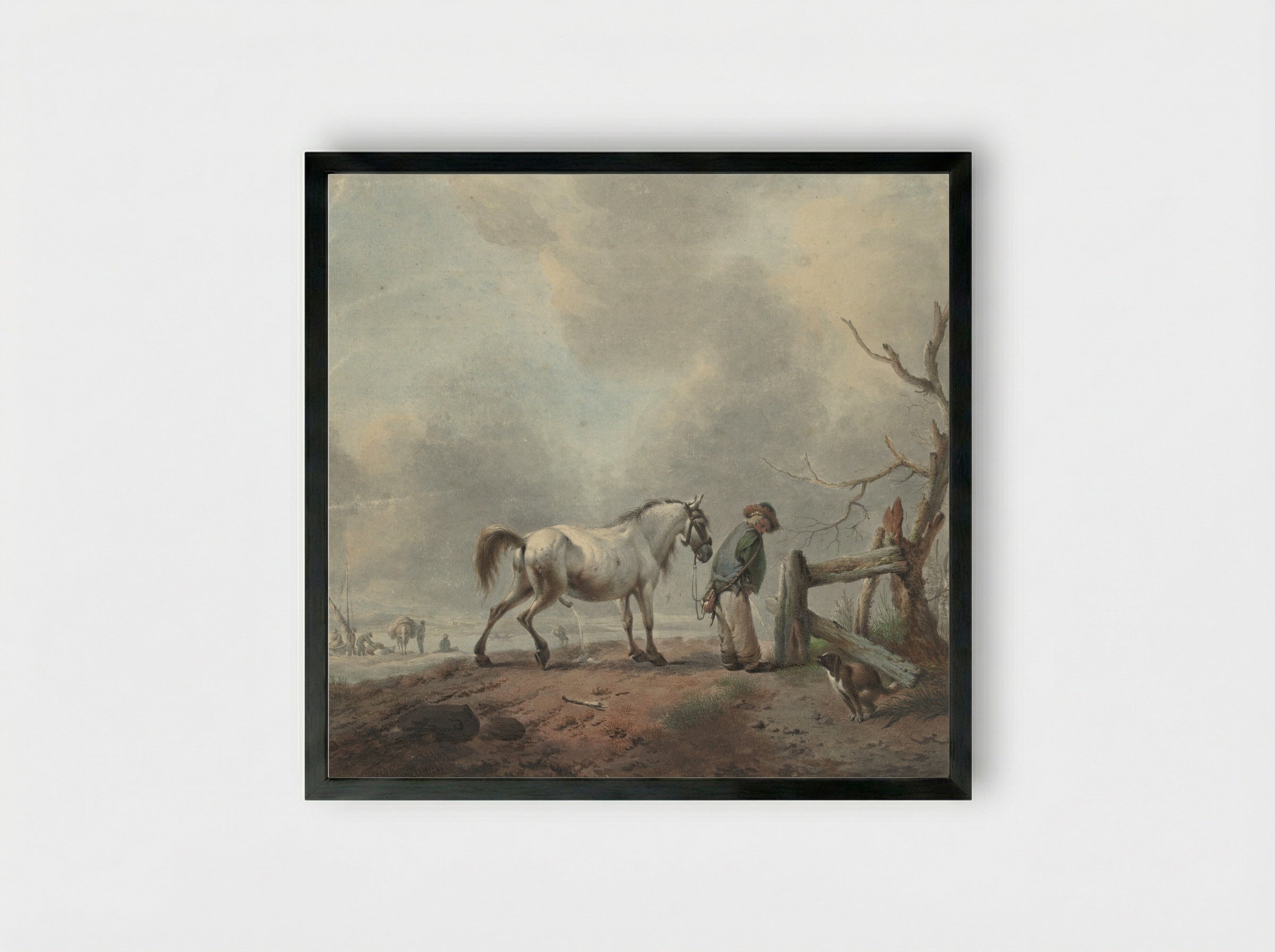 Landschap met een waterende man, paard en hond - Jan Augustini - Framed Print Black