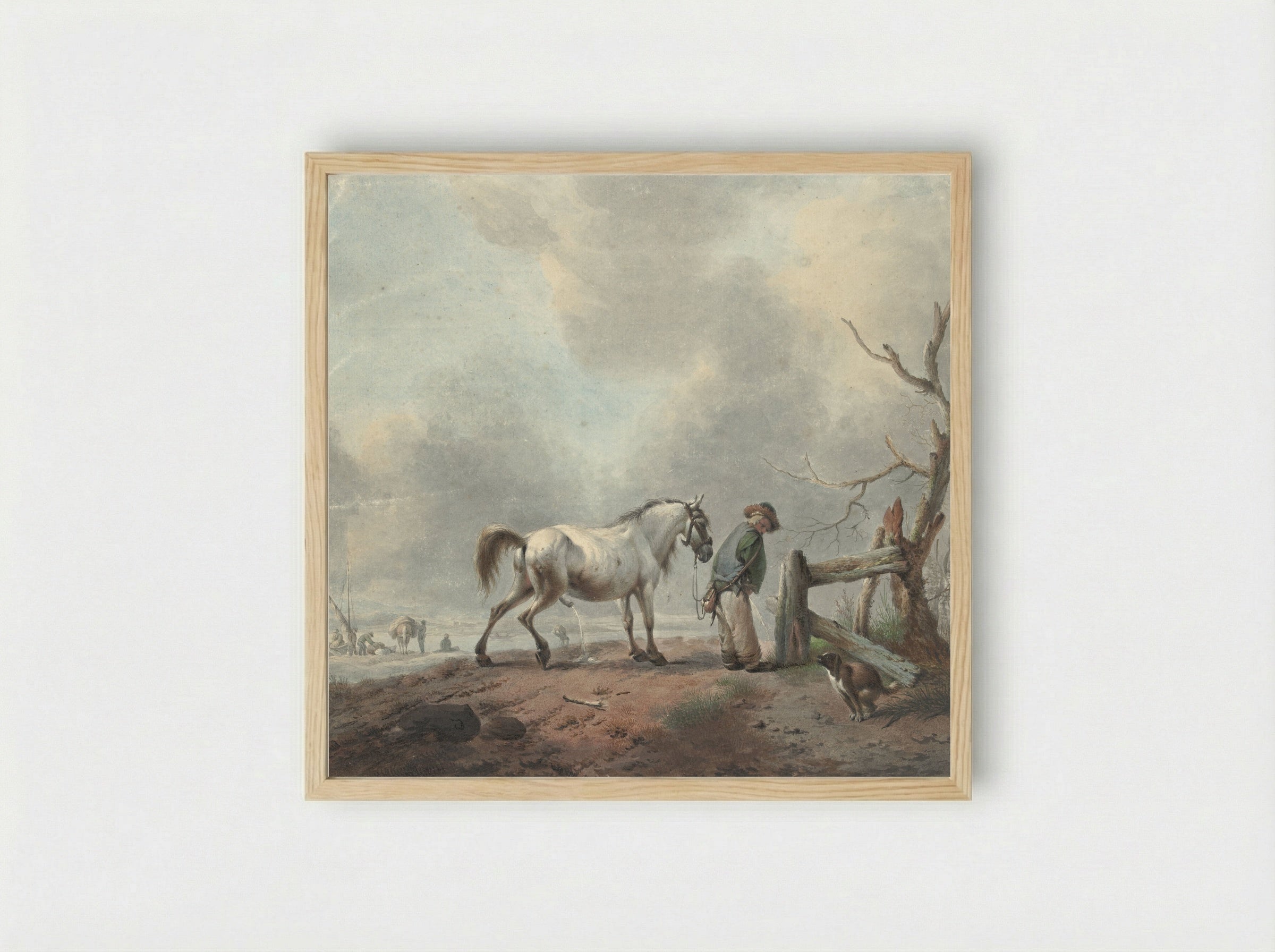 Landschap met een waterende man, paard en hond - Jan Augustini - Framed Print Wood