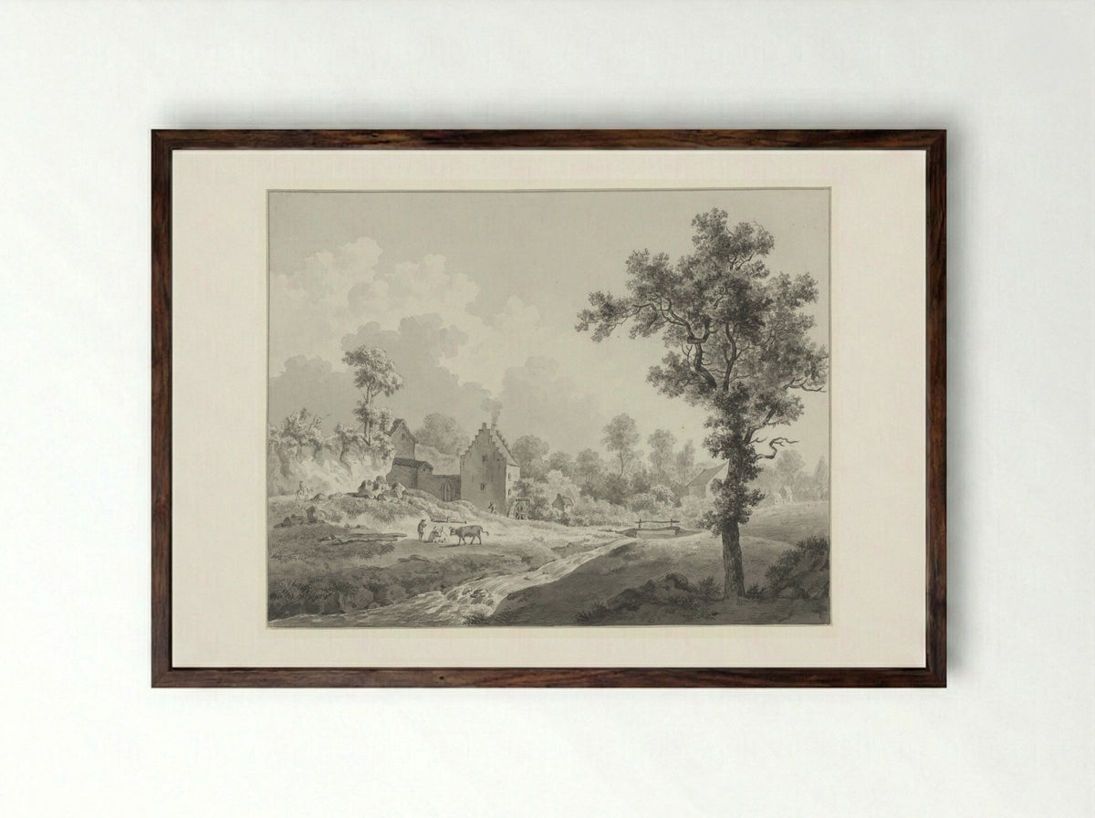 Landschap met een watermolen aan een beek - Henricus Josephus Antonissen - Framed Print Dark Wood