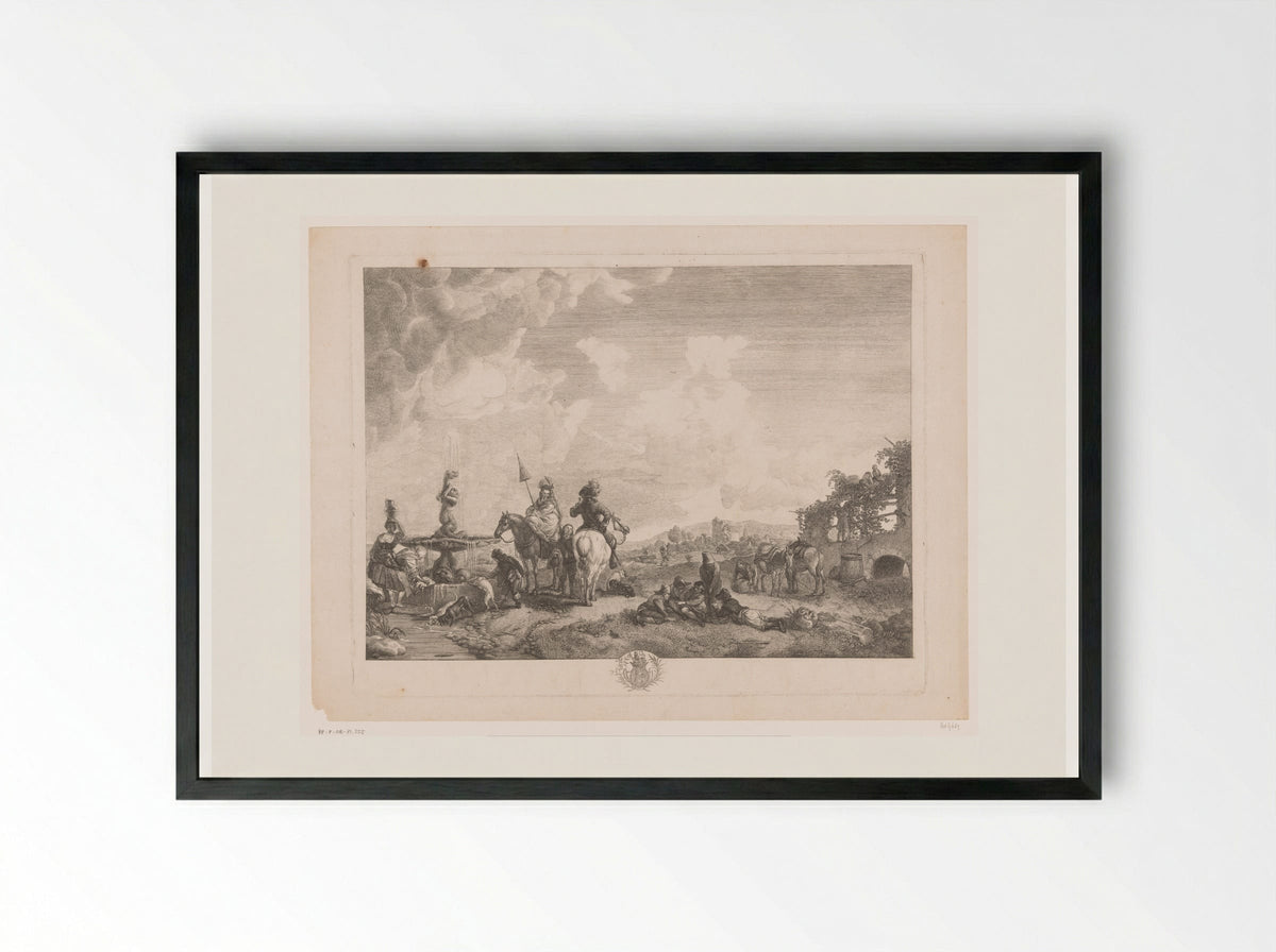 Landschap met figuren bij een fontein - Jean Moyreau - Framed Print Black