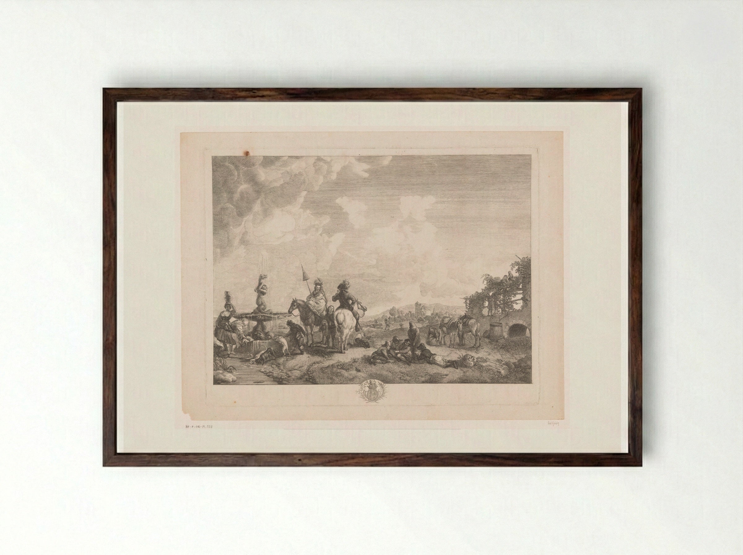 Landschap met figuren bij een fontein - Jean Moyreau - Framed Print Dark Wood