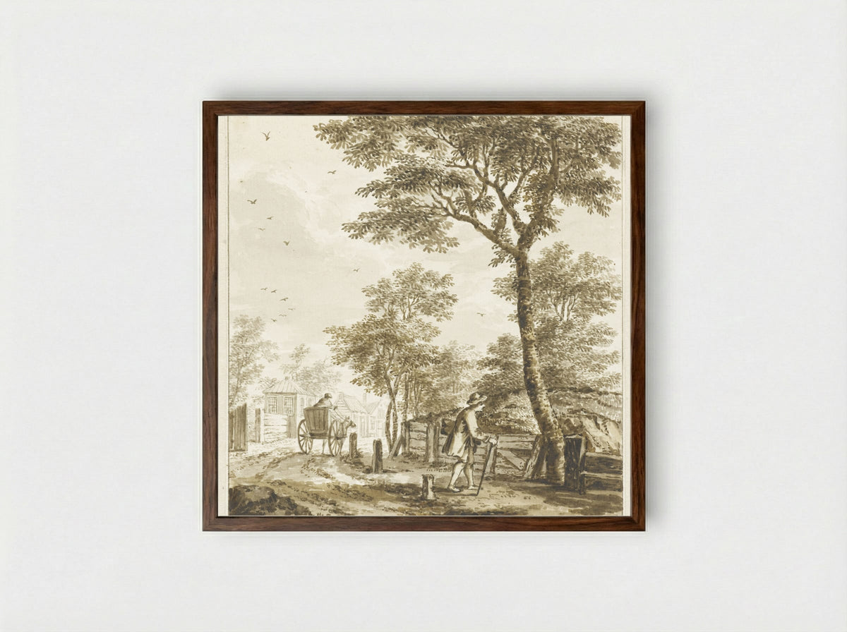 Landschap met figuren en een paard en wagen - Bartholomeus Barbiers - Framed Print Dark Wood