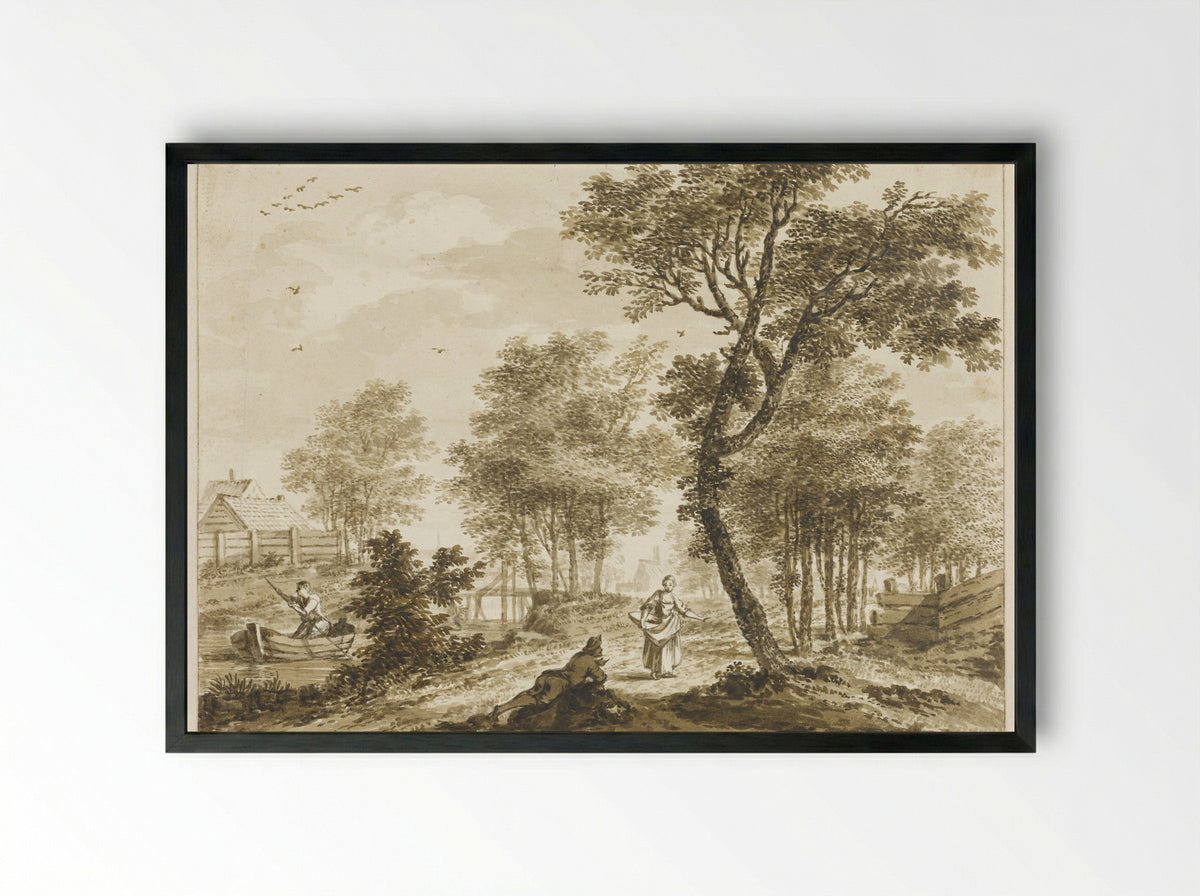 Landschap met figuren en links een man in een punter - Bartholomeus Barbiers - Framed Print Black