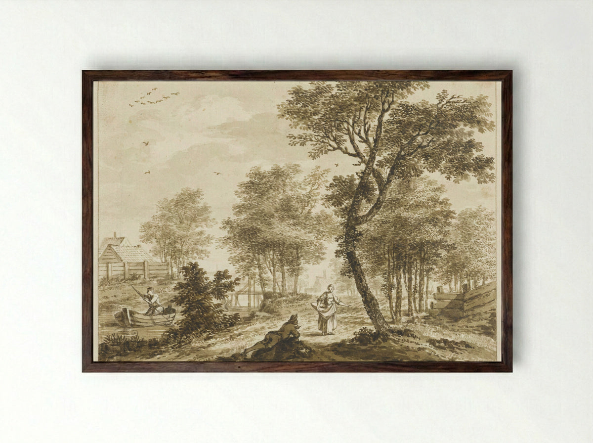 Landschap met figuren en links een man in een punter - Bartholomeus Barbiers - Framed Print Dark Wood