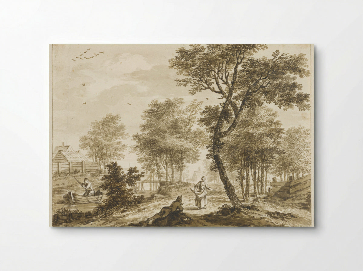 Landschap met figuren en links een man in een punter - Bartholomeus Barbiers - Poster
