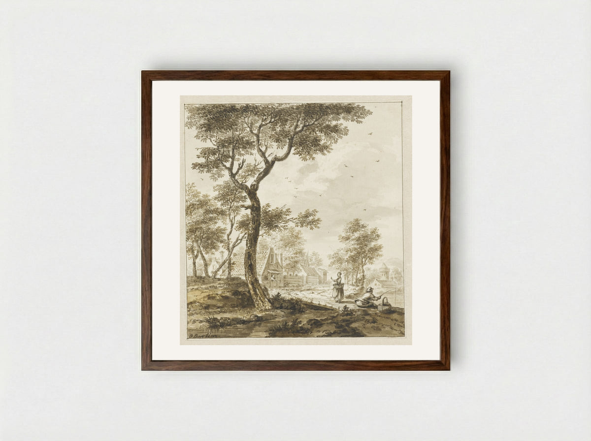 Landschap met figuren en rechts een hengelaar - Bartholomeus Barbiers - Framed Print Dark Wood