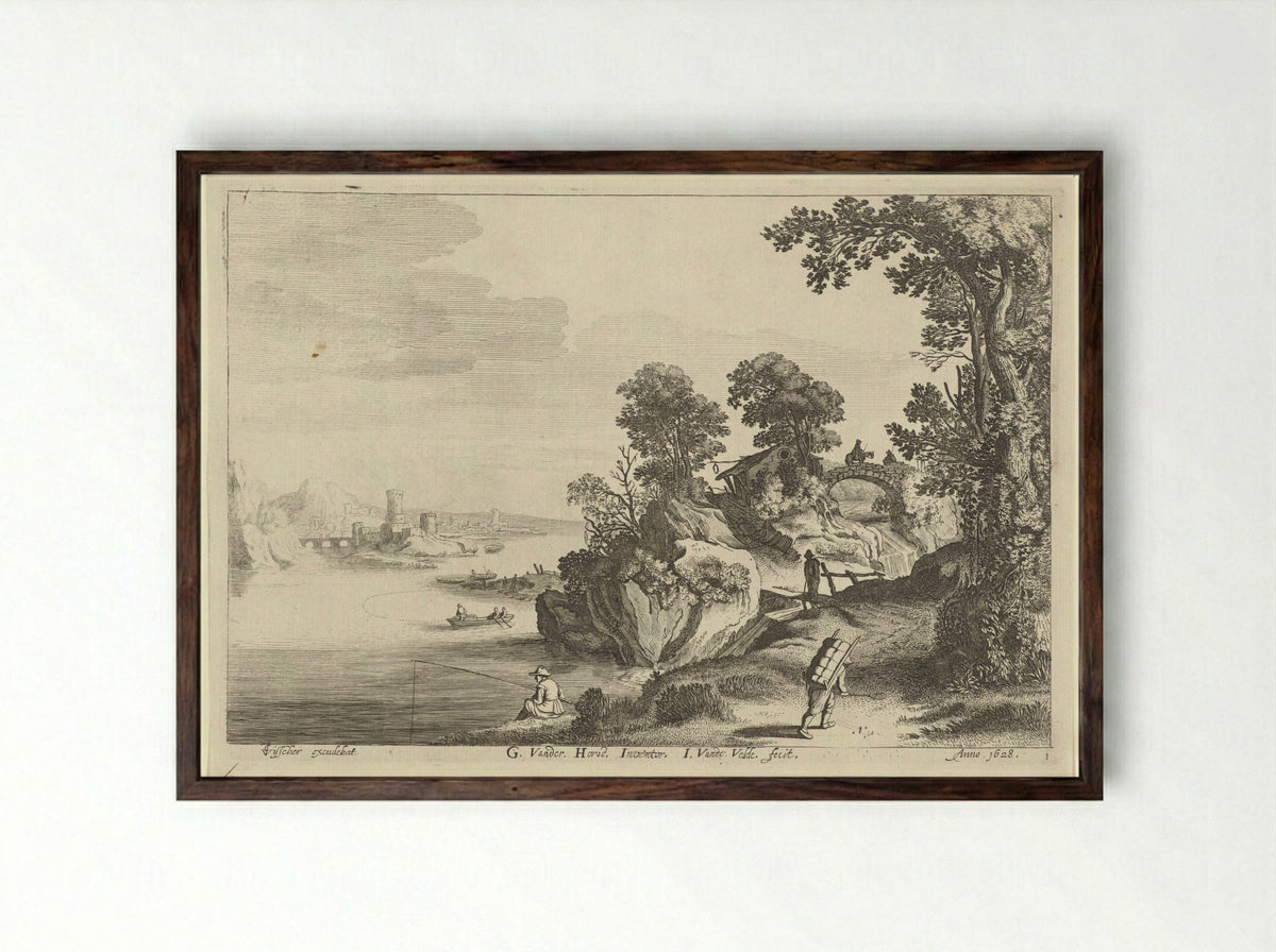 Landschap met gebouwen en een toren - Gerard van der Horst - Framed Print Dark Wood