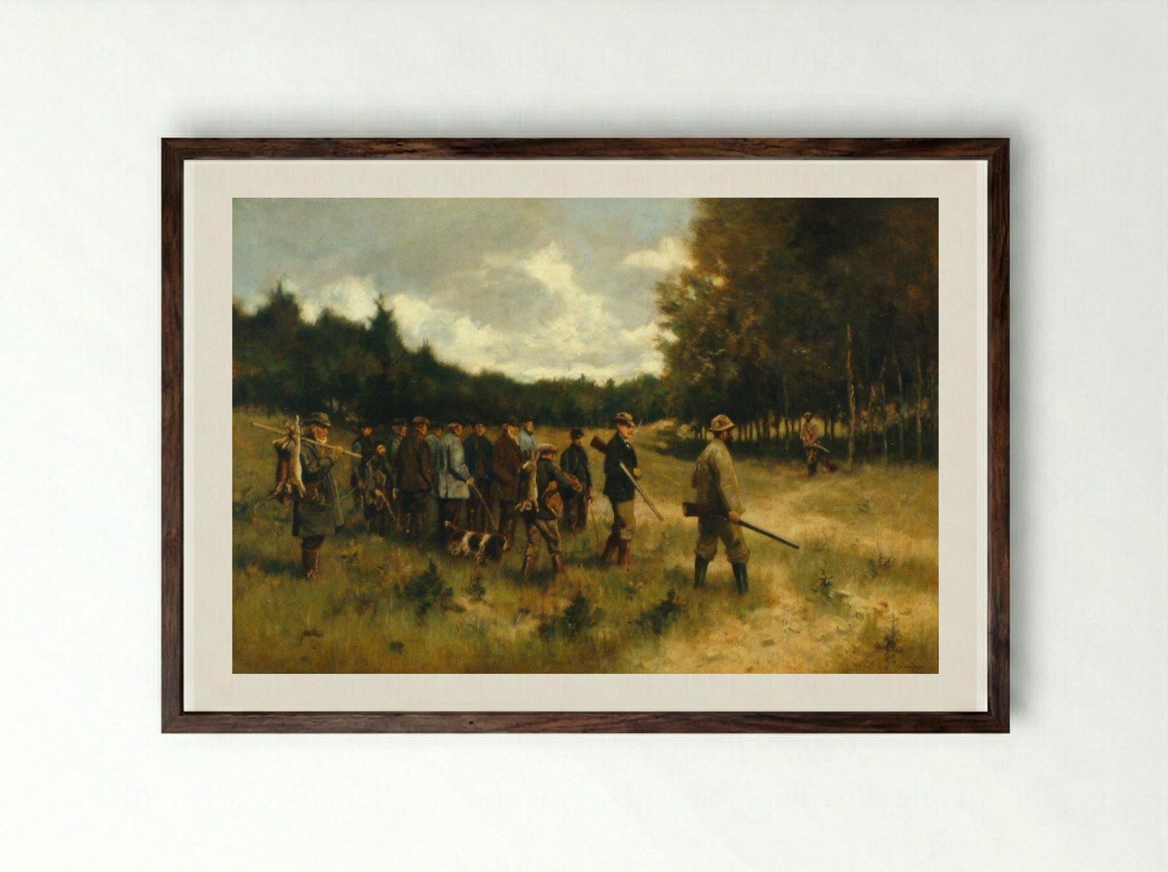Landschap met groep jagers na de jacht op de Leusderhei - Jan van Essen - Framed Print Dark Wood