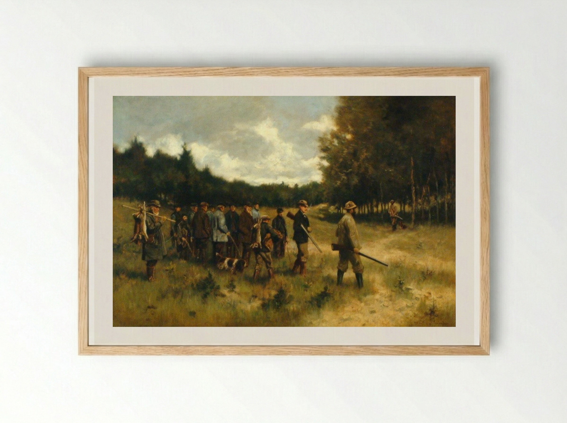 Landschap met groep jagers na de jacht op de Leusderhei - Jan van Essen - Framed Print Wood