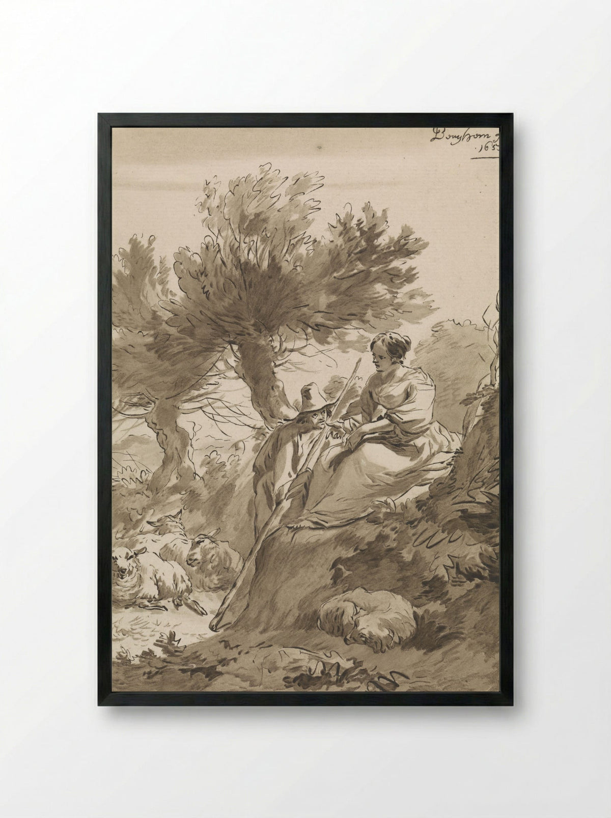 Landschap met herder en herderin en hun schapen - Guillaume Saint - Framed Print Black