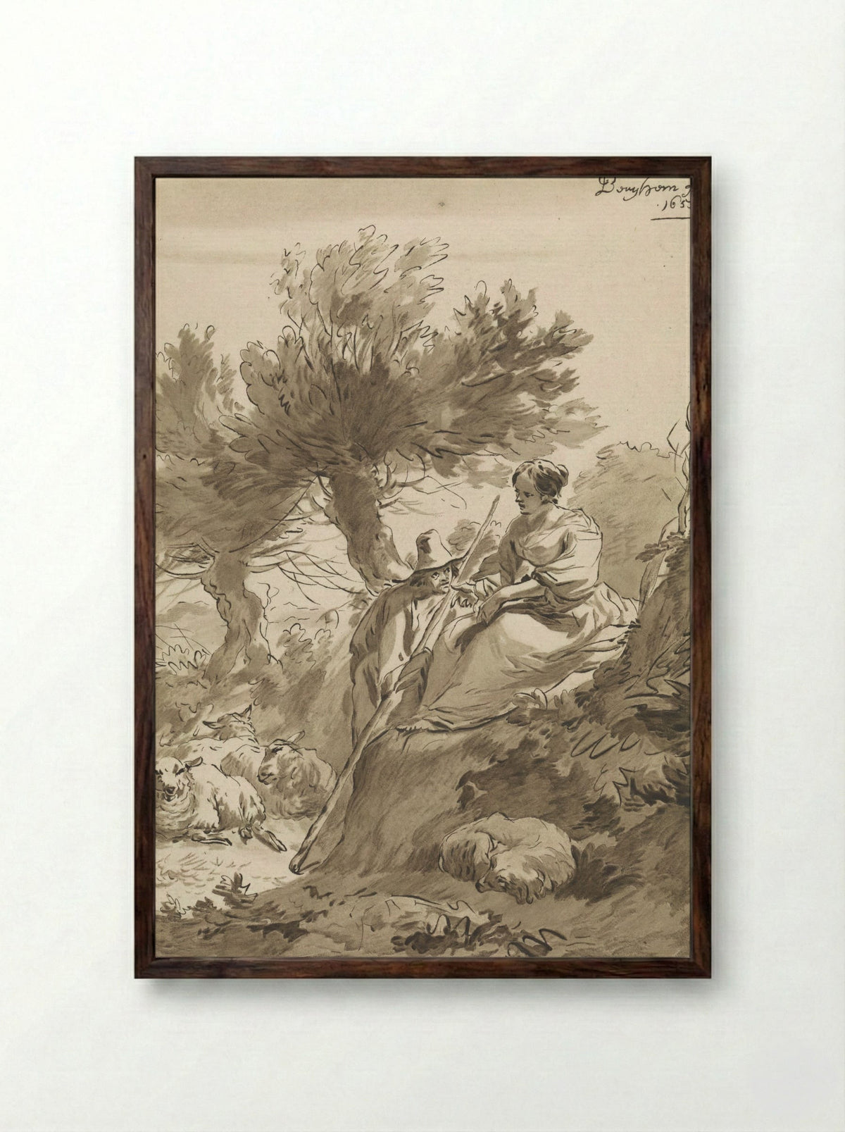 Landschap met herder en herderin en hun schapen - Guillaume Saint - Framed Print Dark Wood