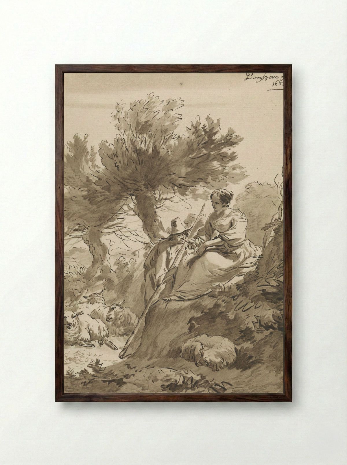 Landschap met herder en herderin en hun schapen - Guillaume Saint - Framed Print Dark Wood