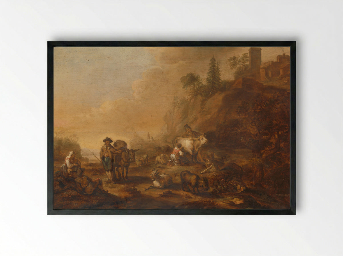 Landschap met herders en vee - Cornelis de Bie - Framed Print Black