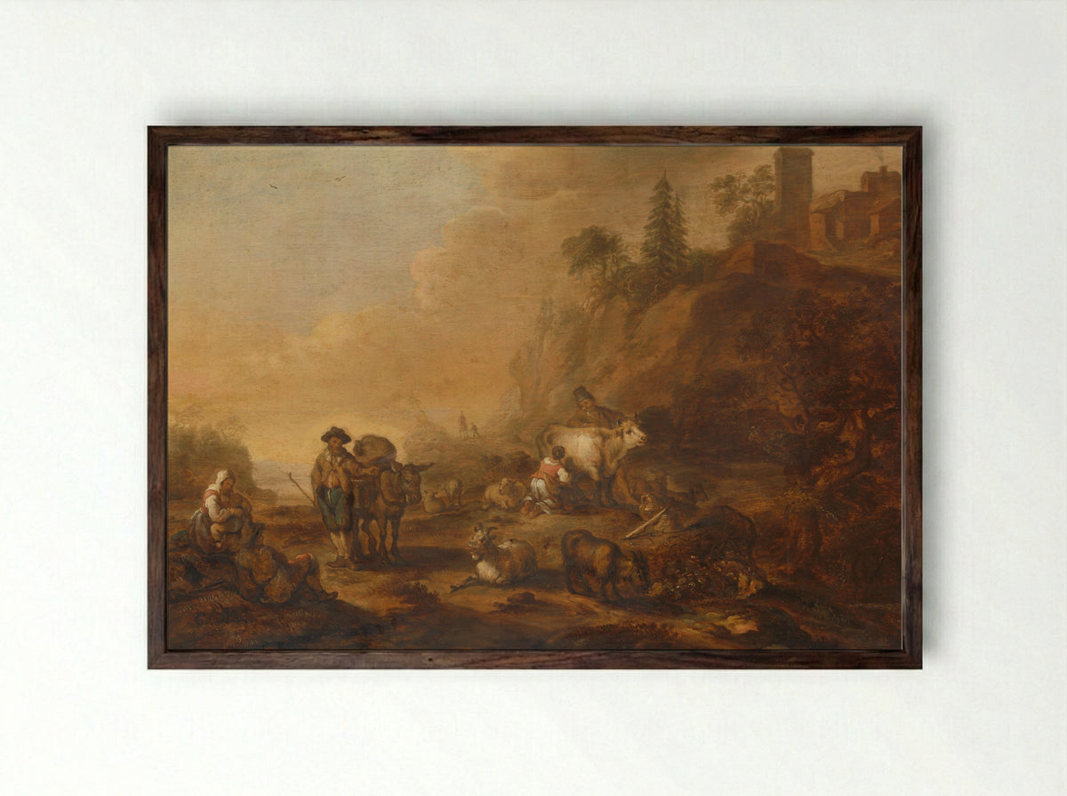 Landschap met herders en vee - Cornelis de Bie - Framed Print Dark Wood