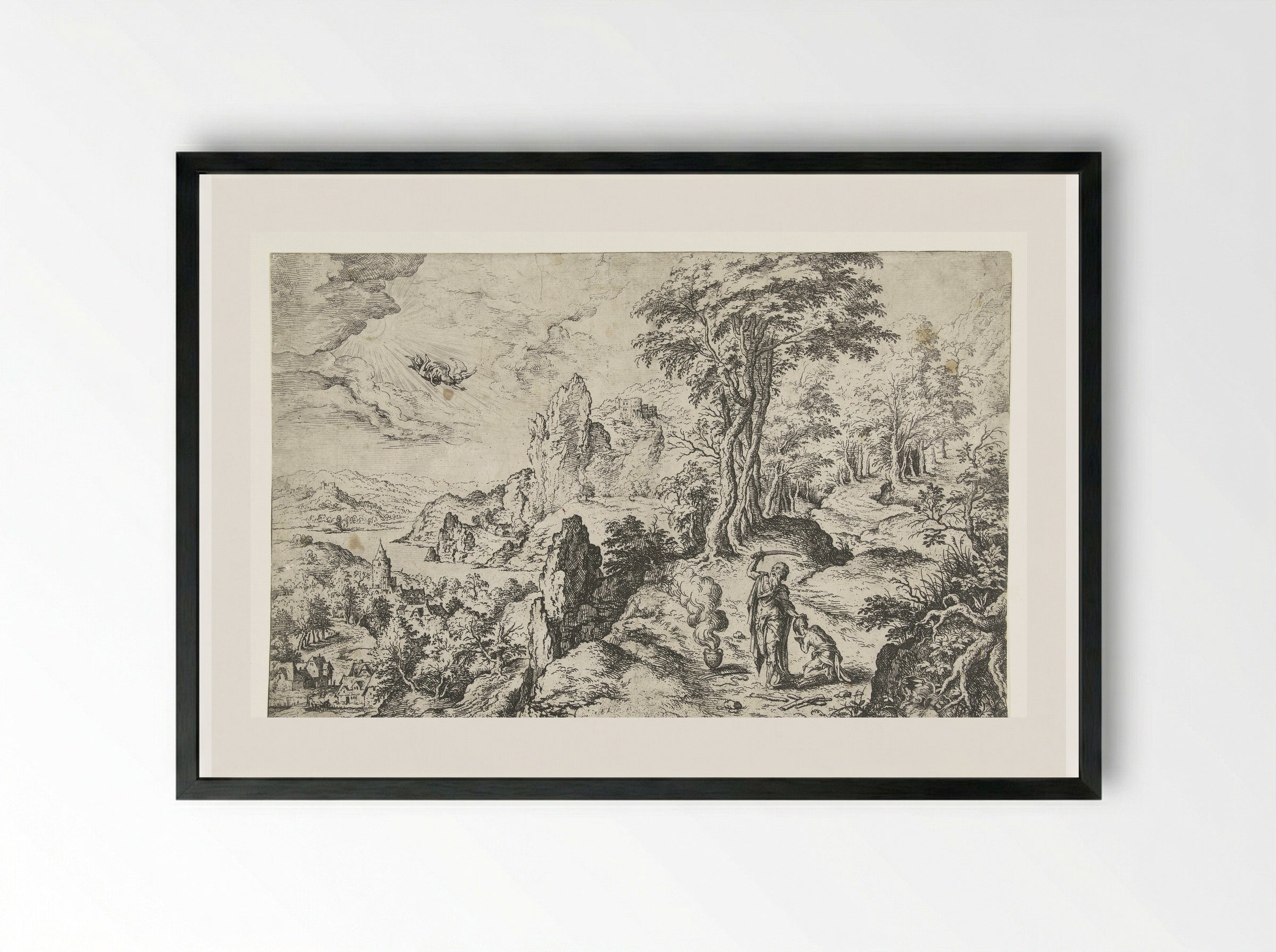 Landschap met het offer van Isaak - Hieronymus Cock - Framed Print Black