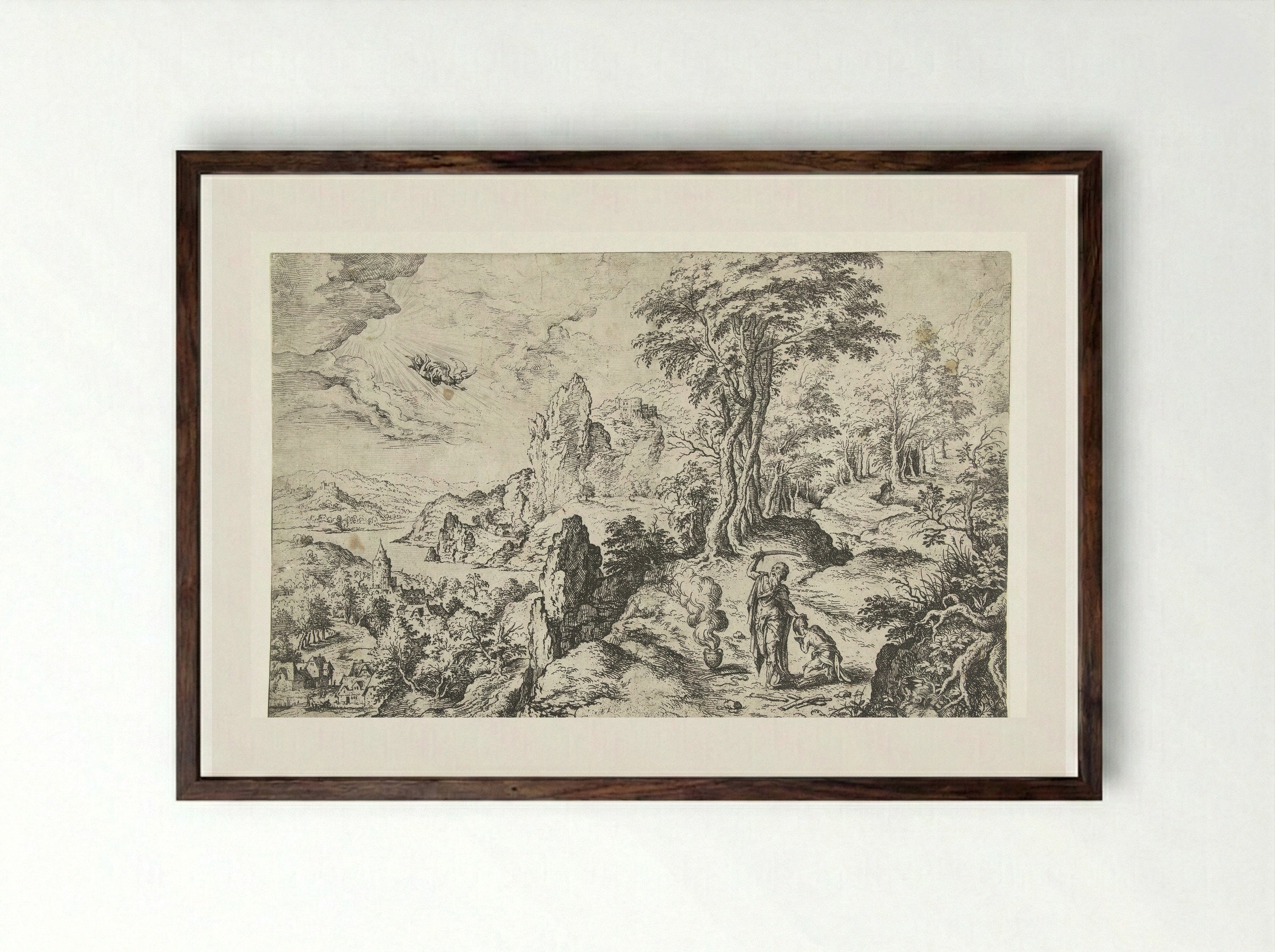 Landschap met het offer van Isaak - Hieronymus Cock - Framed Print Dark Wood