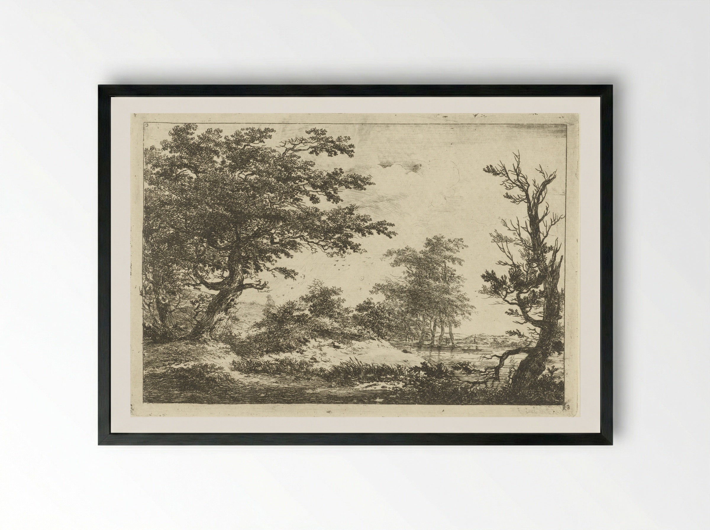 Landschap met heuvel, water en bomen - Hermanus van Brussel - Framed Print Black