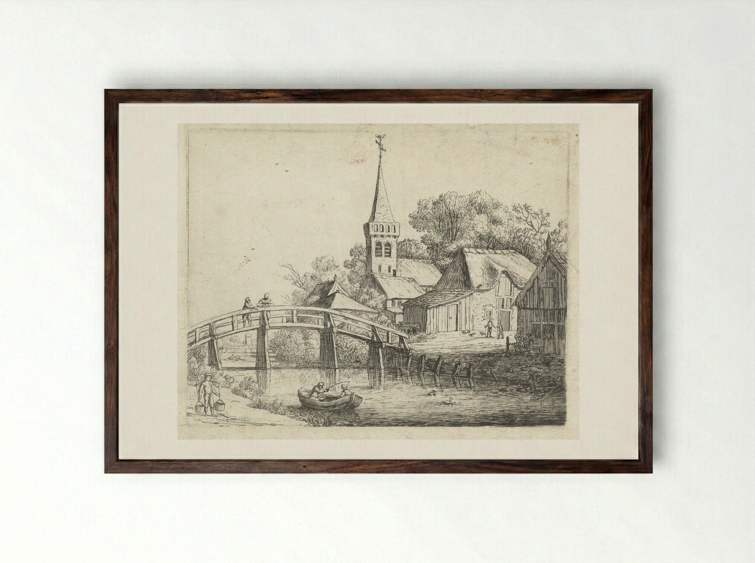 Landschap met houten brug - Jan van de Cappelle - Framed Print Dark Wood