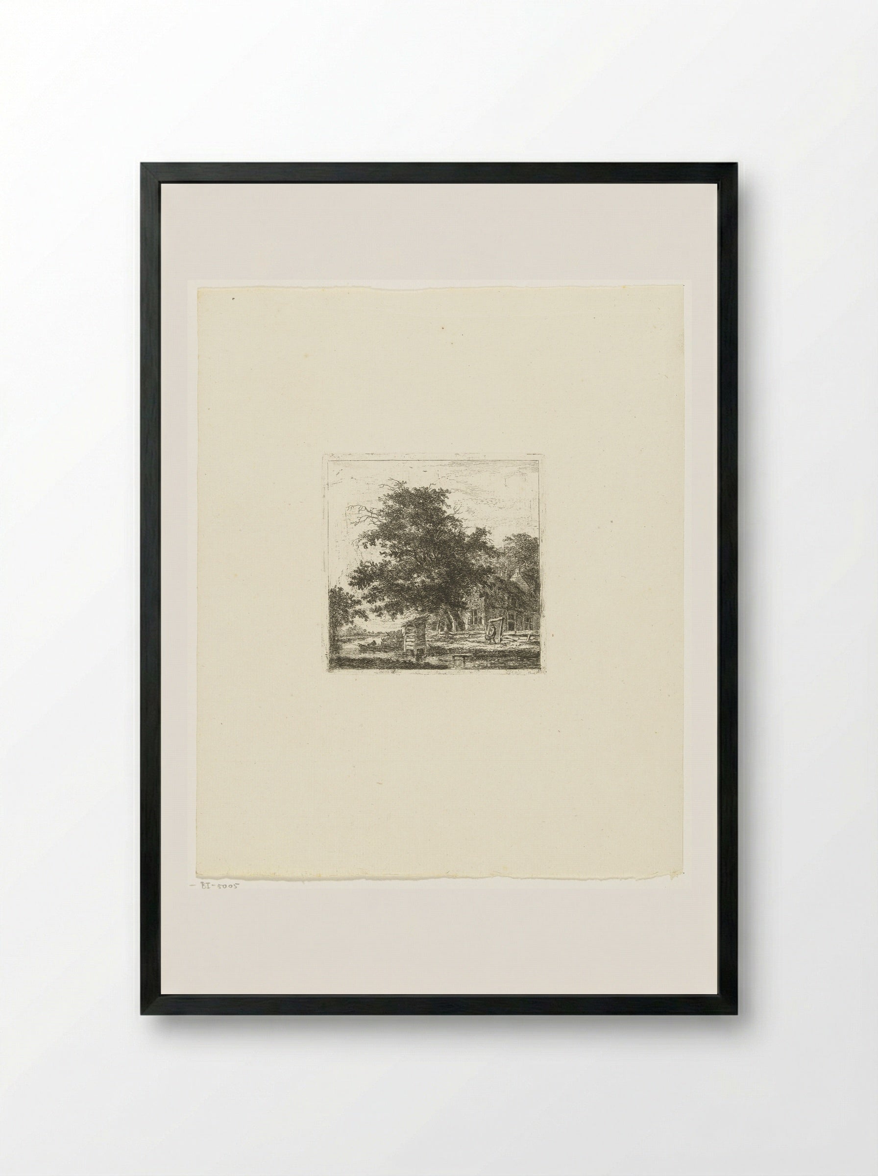 Landschap met huis en visser in een boot - Hermanus van Brussel - Framed Print Black