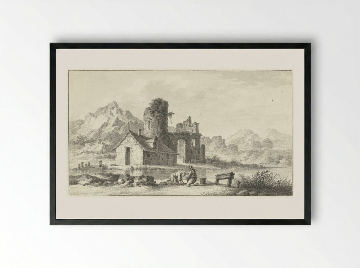 Landschap met huis voor ruïne en op de voorgrond twee figuren - Louis E.F. Garreau - Framed Print Black