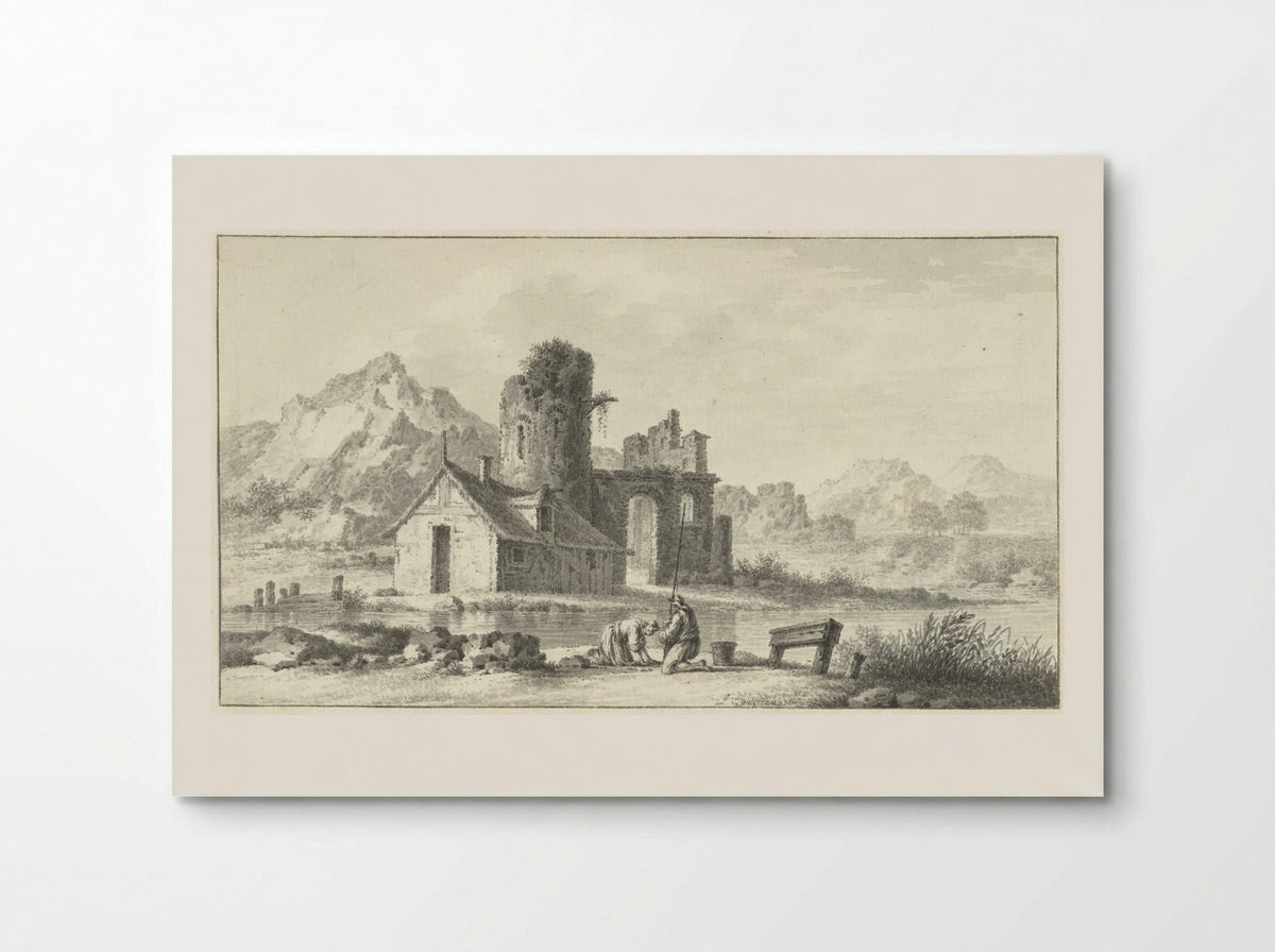 Landschap met huis voor ruïne en op de voorgrond twee figuren - Louis E.F. Garreau - Poster