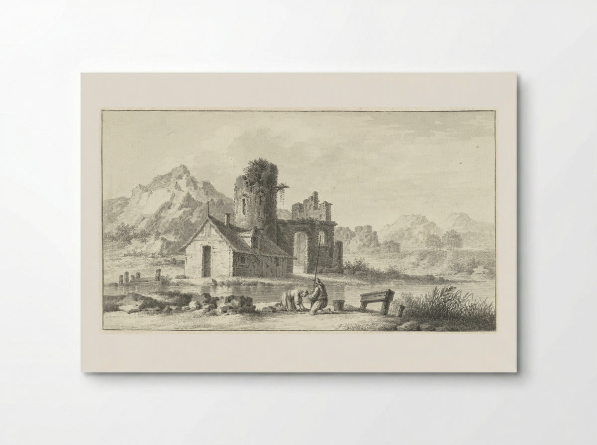 Landschap met huis voor ruïne en op de voorgrond twee figuren - Louis E.F. Garreau - Poster