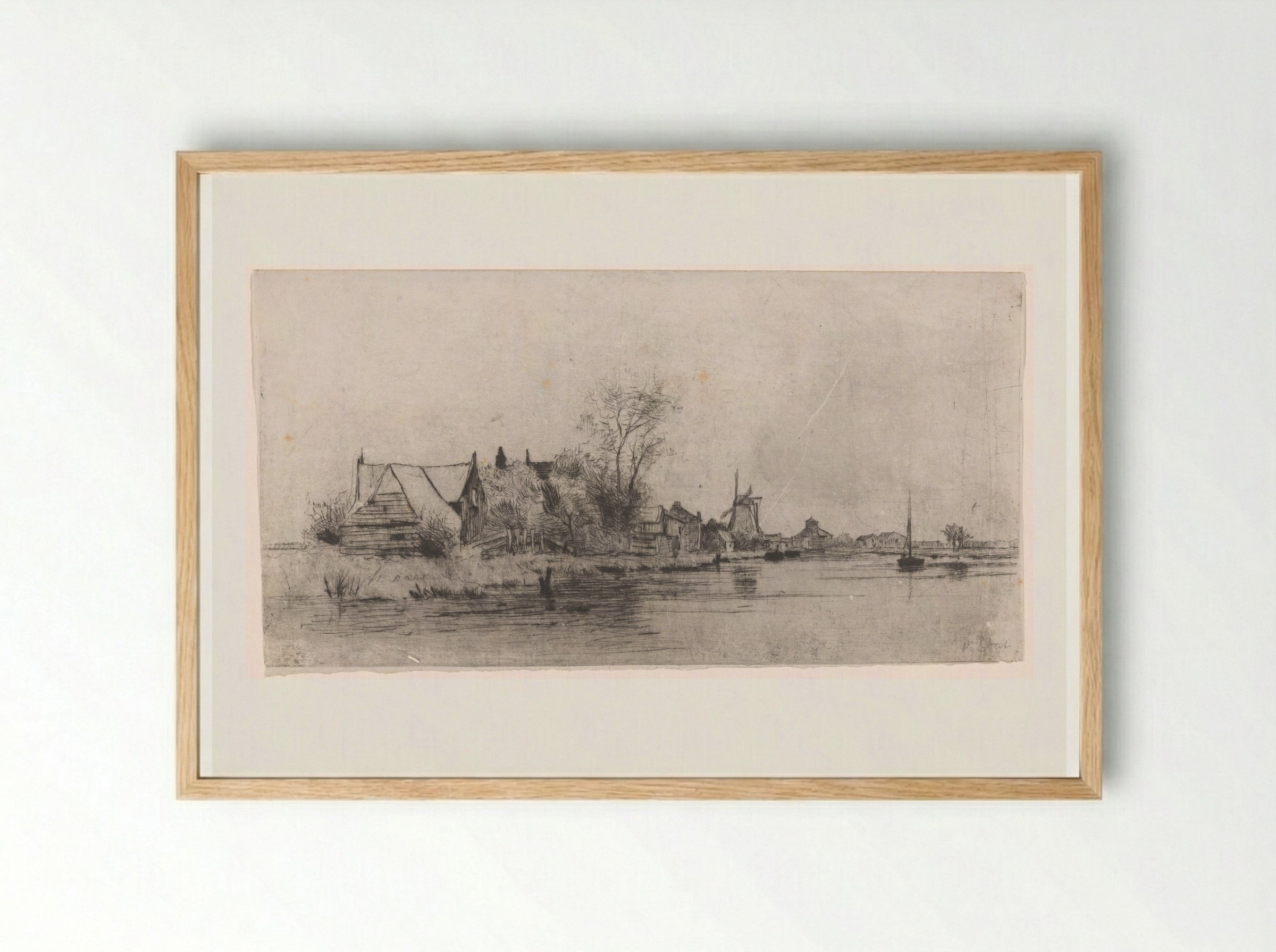Landschap met huizen en molen aan het water - Philip Zilcken - Framed Print Wood