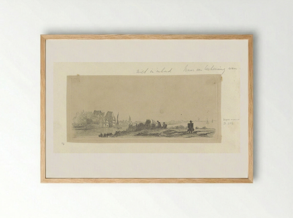 Landschap met kanaal, hengelaars en melkboer - Henry Louis Basan - Framed Print Wood