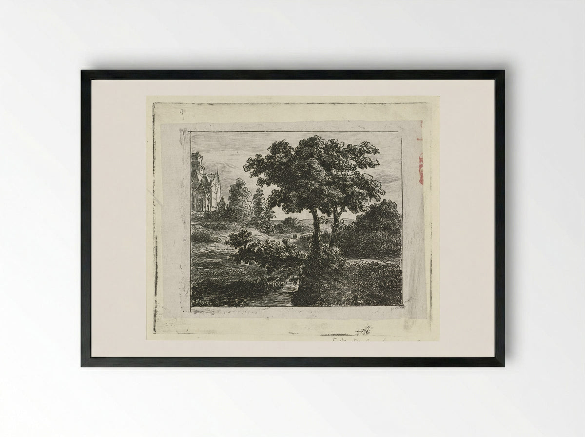 Landschap met kerk op een heuvel - Johannes Adrianus van der Drift - Framed Print Black