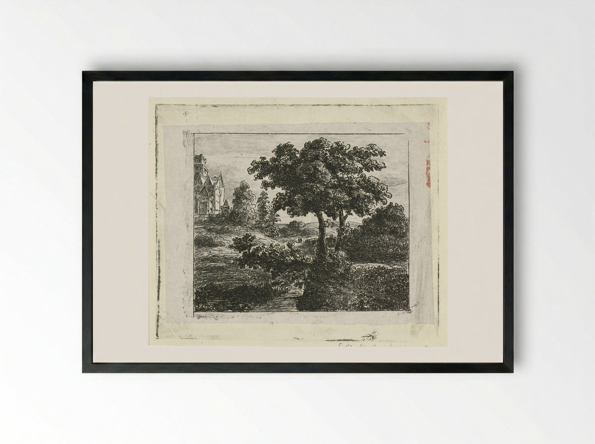 Landschap met kerk op een heuvel - Johannes Adrianus van der Drift - Framed Print Black
