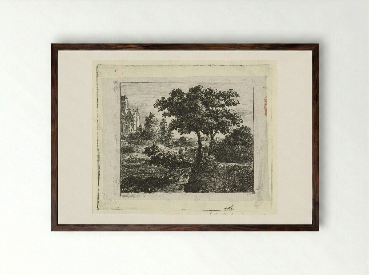Landschap met kerk op een heuvel - Johannes Adrianus van der Drift - Framed Print Dark Wood