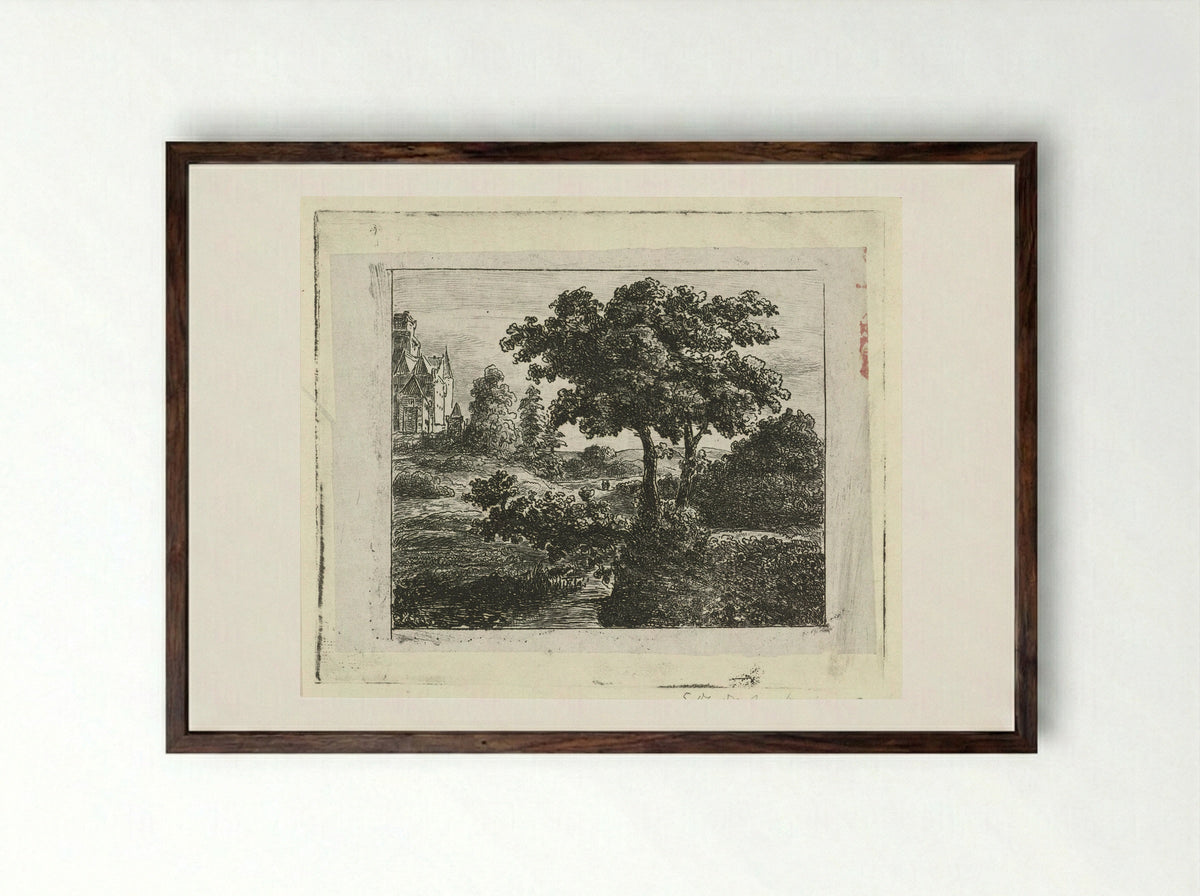 Landschap met kerk op een heuvel - Johannes Adrianus van der Drift - Framed Print Dark Wood