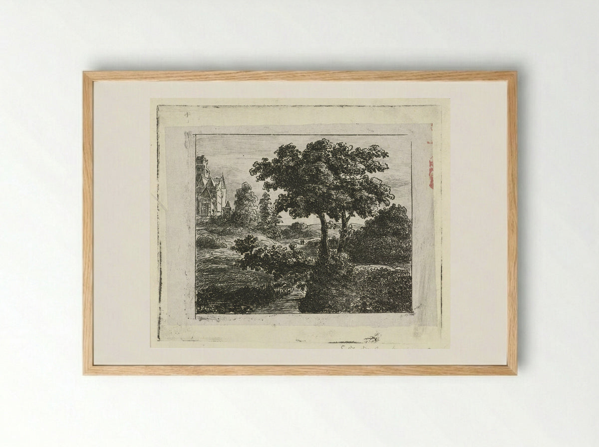Landschap met kerk op een heuvel - Johannes Adrianus van der Drift - Framed Print Wood