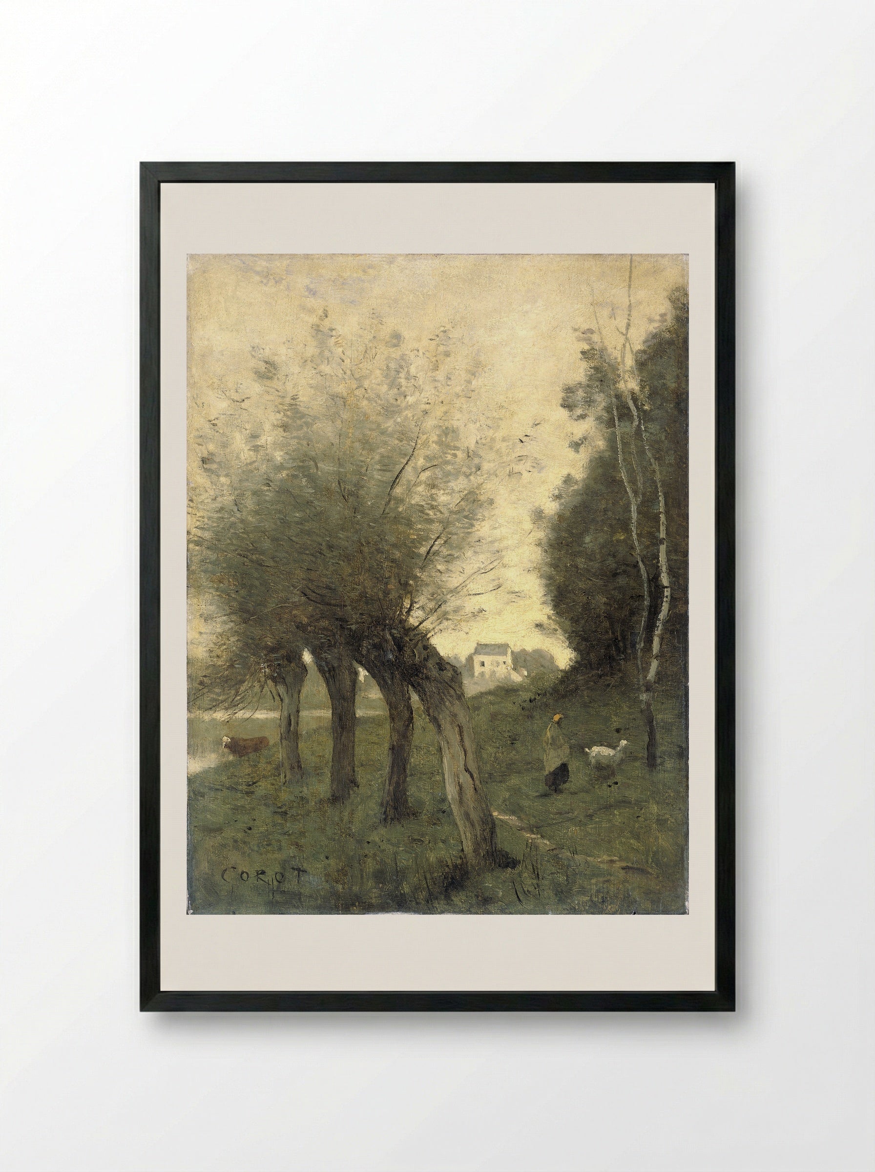Landschap met knotwilgen - Camille Corot - Framed Print Black
